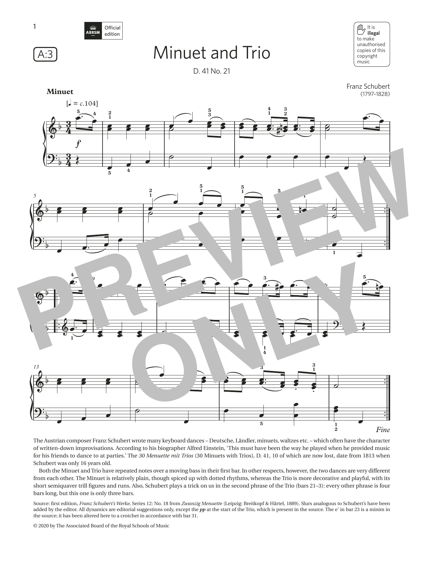 Download Franz Schubert Minuet and Trio (Grade 4, list A3, from the ABRSM Piano Syllabus 2021 & 2022) Sheet Music and learn how to play Piano Solo PDF digital score in minutes