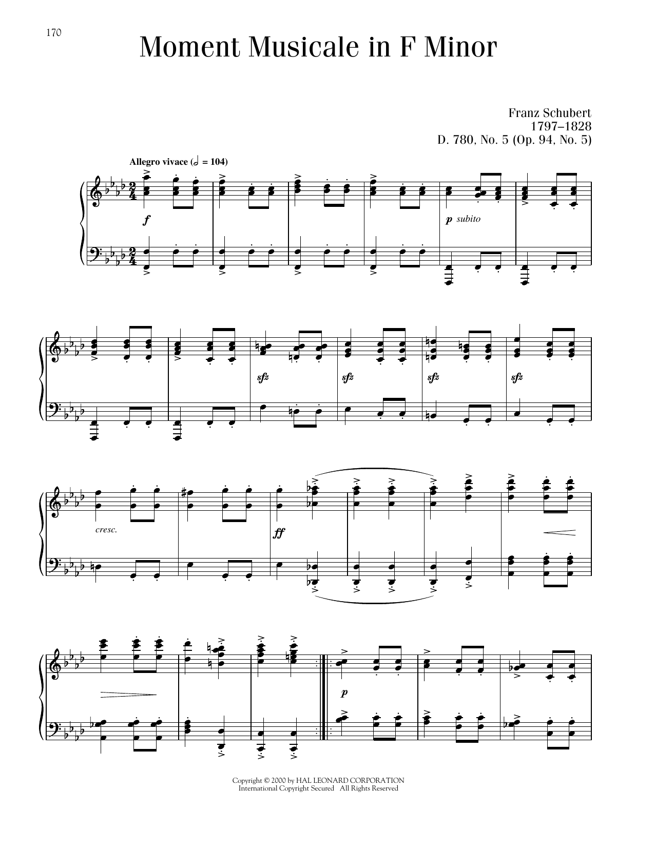 Download Franz Schubert Moment Musical In F Minor, Op. 94, No. 5 Sheet Music and learn how to play Piano Solo PDF digital score in minutes