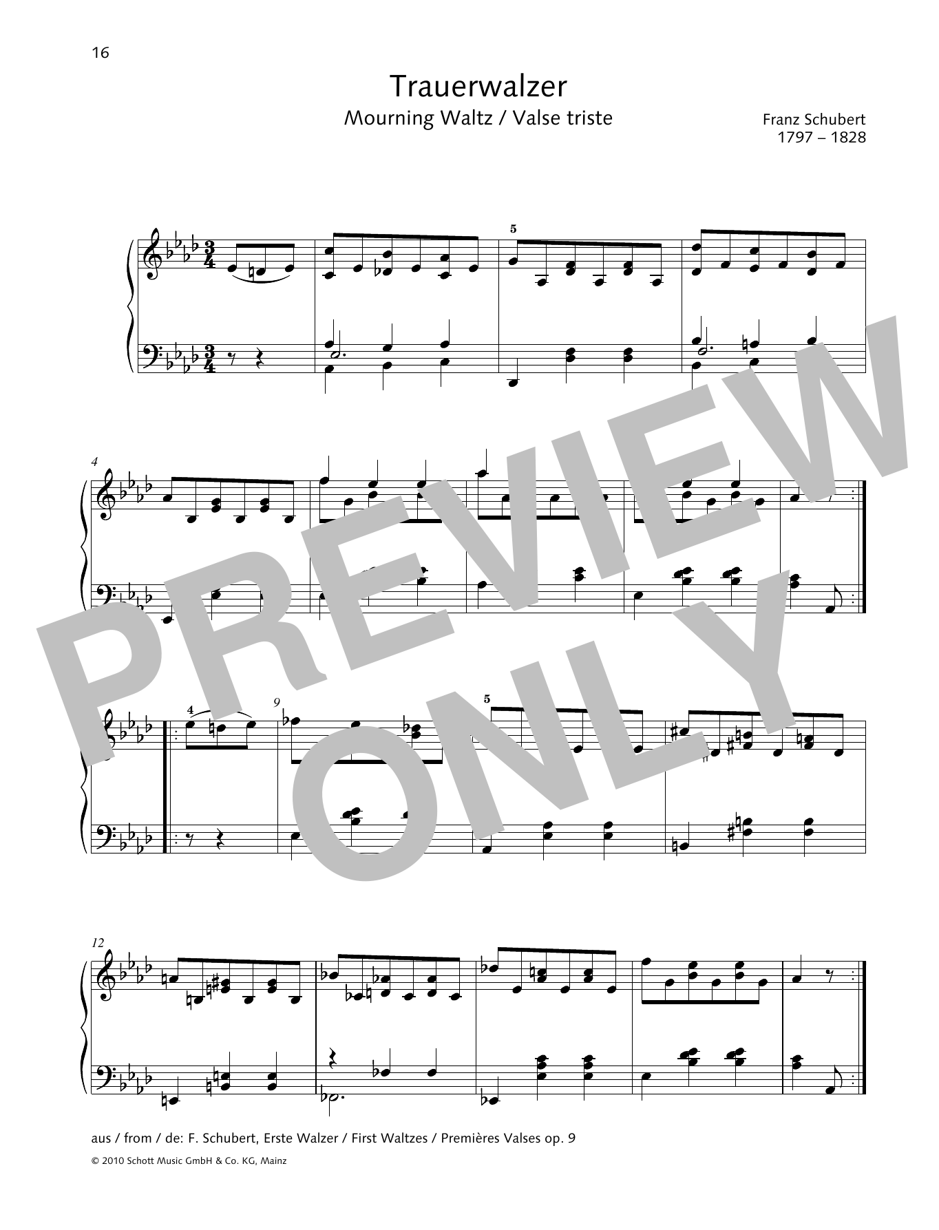 Download Franz Schubert Mourning Waltz Sheet Music and learn how to play Piano Solo PDF digital score in minutes