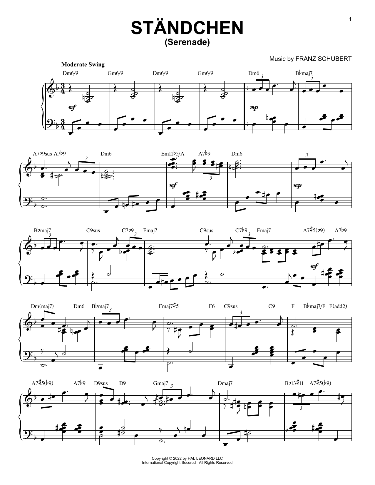 Download Franz Schubert Standchen [Jazz version] (arr. Brent Edstrom) Sheet Music and learn how to play Piano Solo PDF digital score in minutes