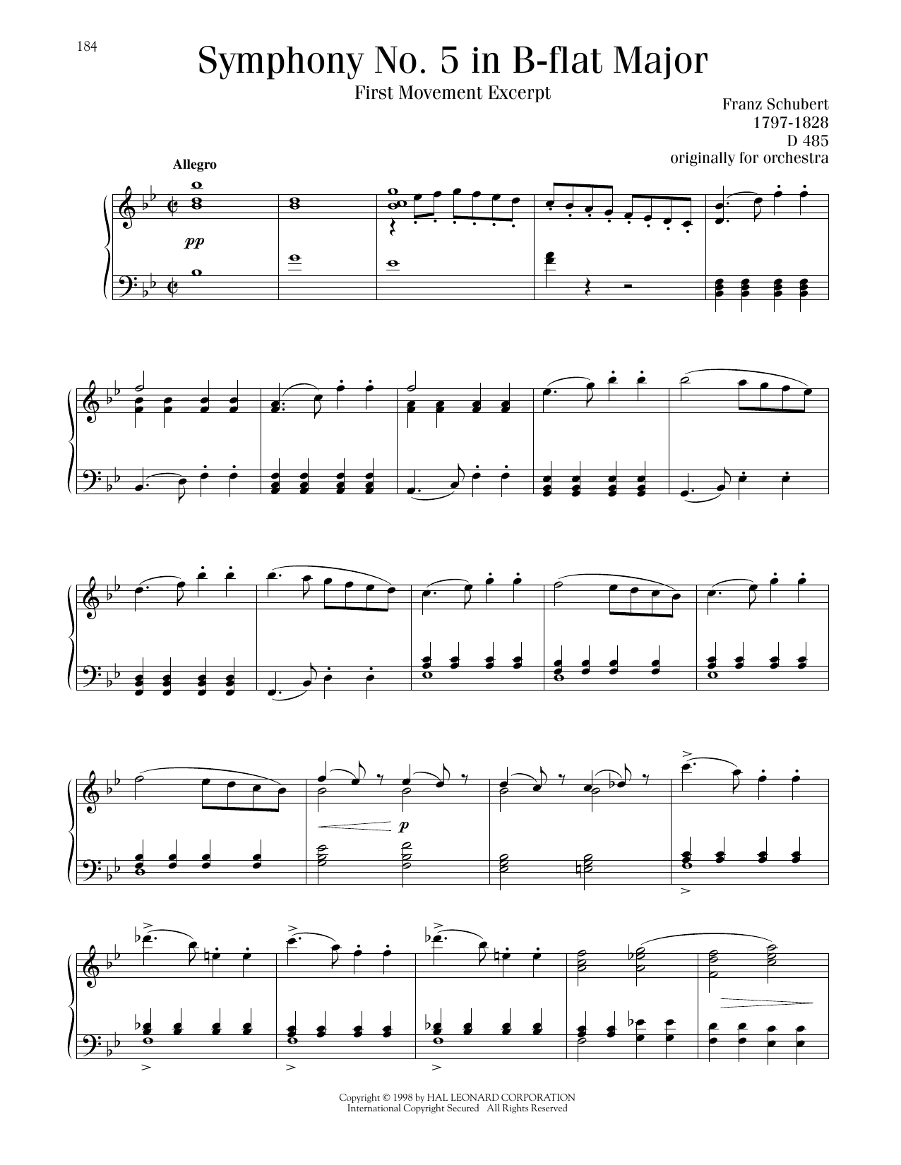 Download Franz Schubert Symphony No. 5 in B-flat Major, First Movement Excerpt Sheet Music and learn how to play Piano Solo PDF digital score in minutes