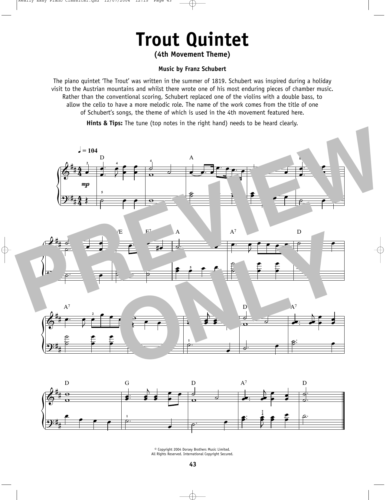 Download Franz Schubert The Trout Sheet Music and learn how to play Really Easy Piano PDF digital score in minutes