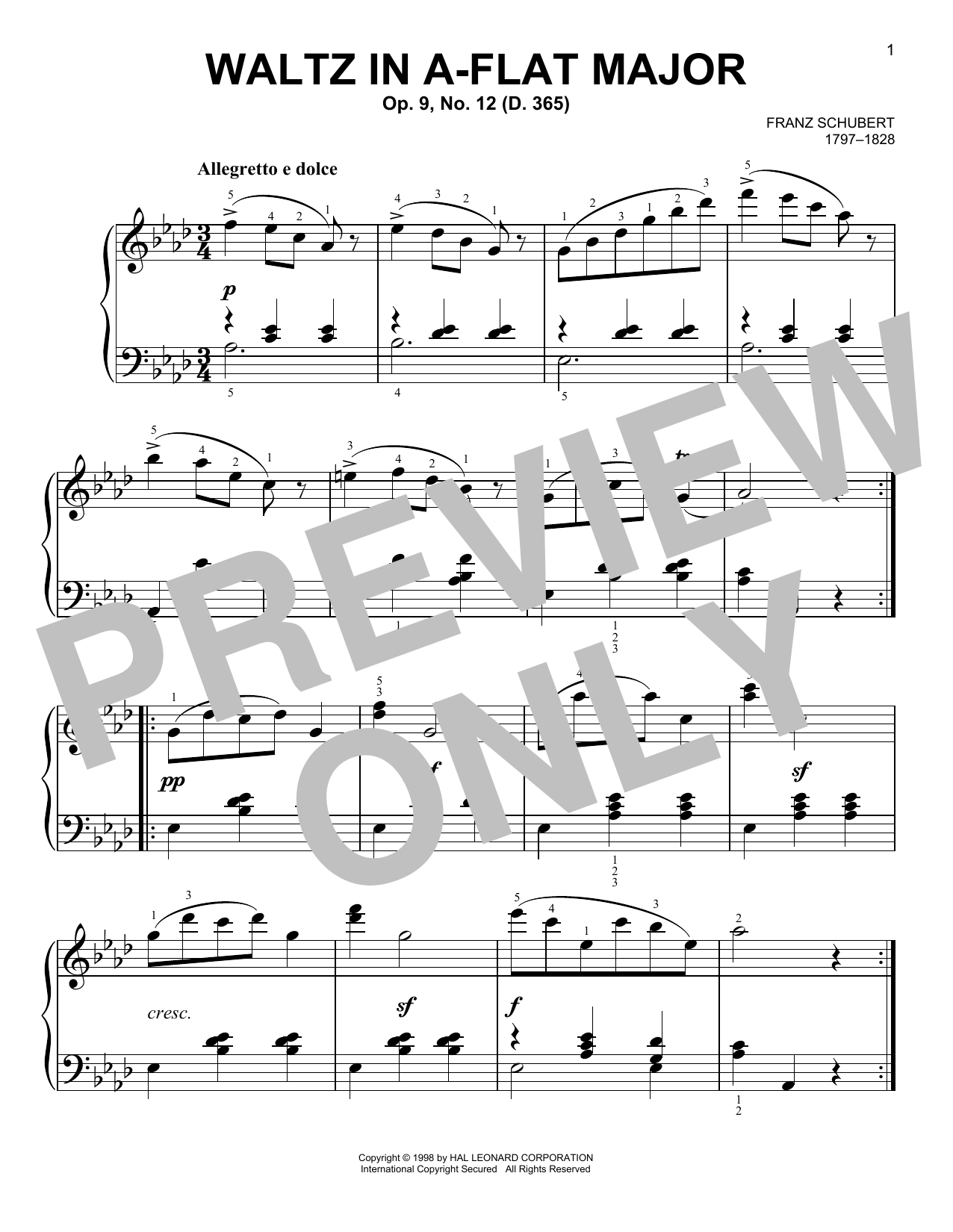 Download Franz Schubert Waltz In A-Flat Major, Op. 9, No. 12 Sheet Music and learn how to play Easy Piano PDF digital score in minutes