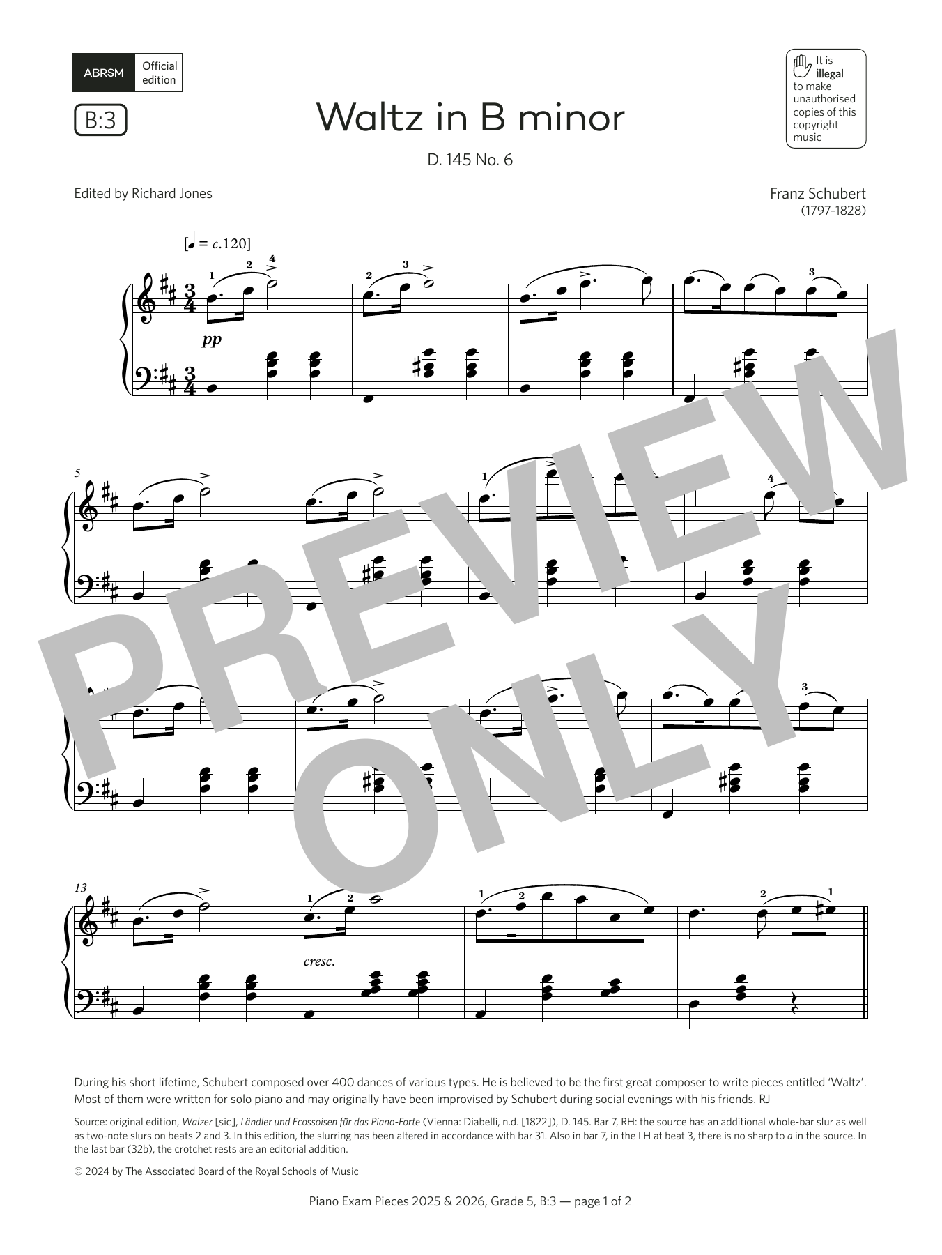 Download Franz Schubert Waltz in B minor (Grade 5, list B3, from the ABRSM Piano Syllabus 2025 & 2026) Sheet Music and learn how to play Piano Solo PDF digital score in minutes