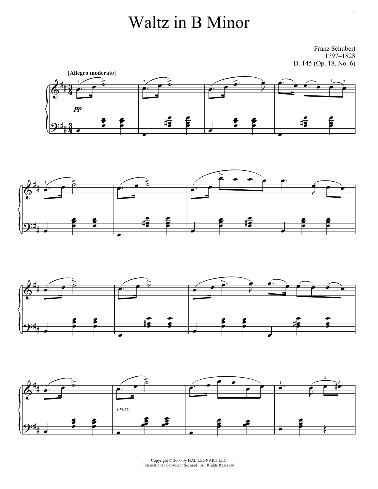 Download Franz Schubert Waltz In B Minor, Op. 18, No. 6 Sheet Music and learn how to play Piano Solo PDF digital score in minutes