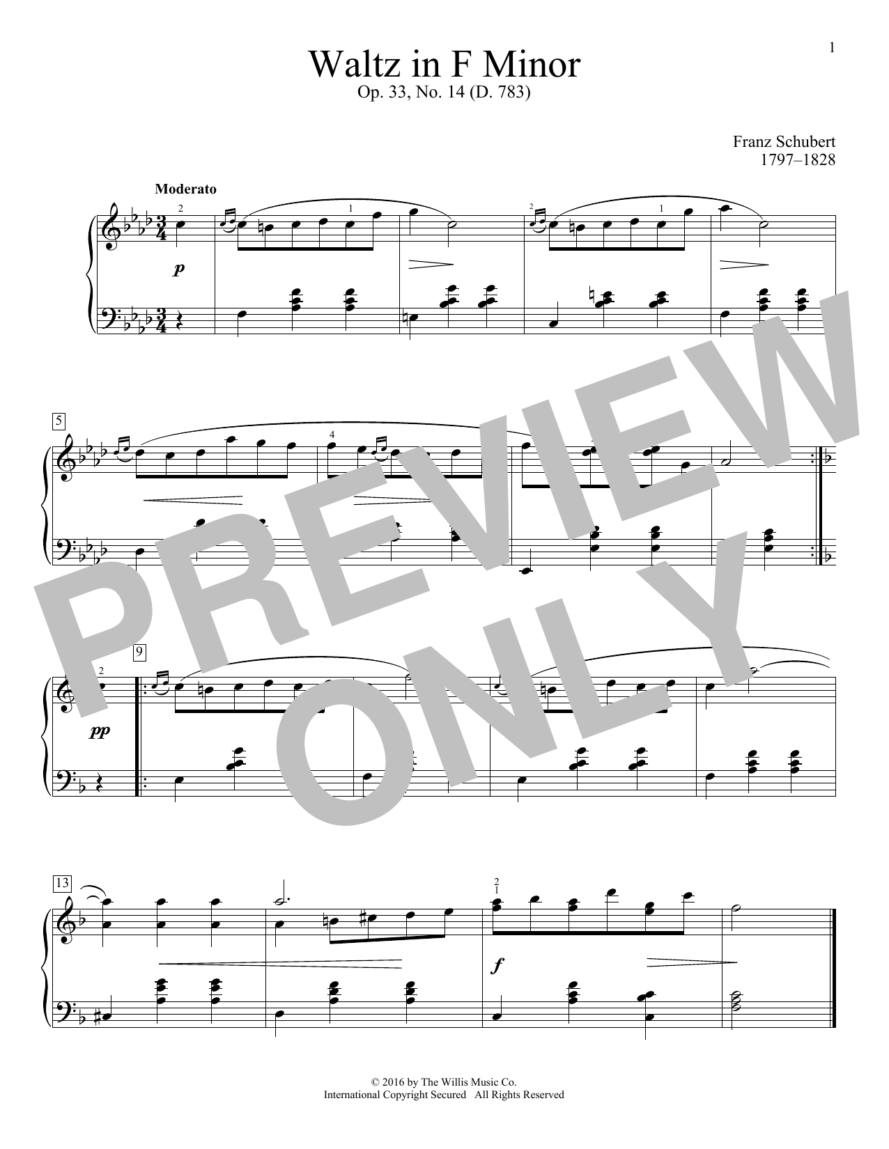 Download Franz Schubert Waltz In F Minor, Op. 33, No. 14 (D. 783) Sheet Music and learn how to play Educational Piano PDF digital score in minutes