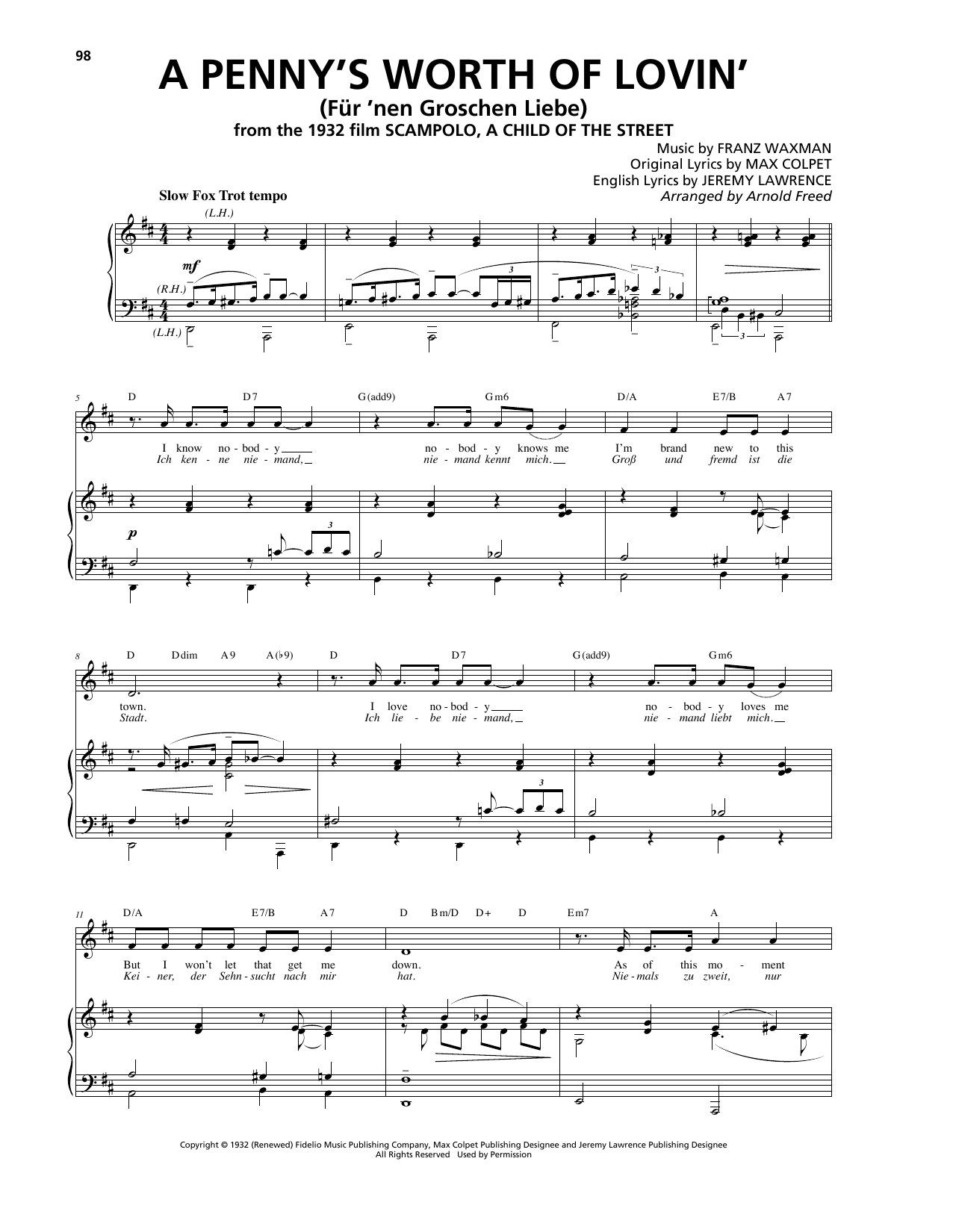 Download Franz Waxman A Penny's Worth Of Lovin' (Für 'nen Groschen Liebe) Sheet Music and learn how to play Piano, Vocal & Guitar (Right-Hand Melody) PDF digital score in minutes