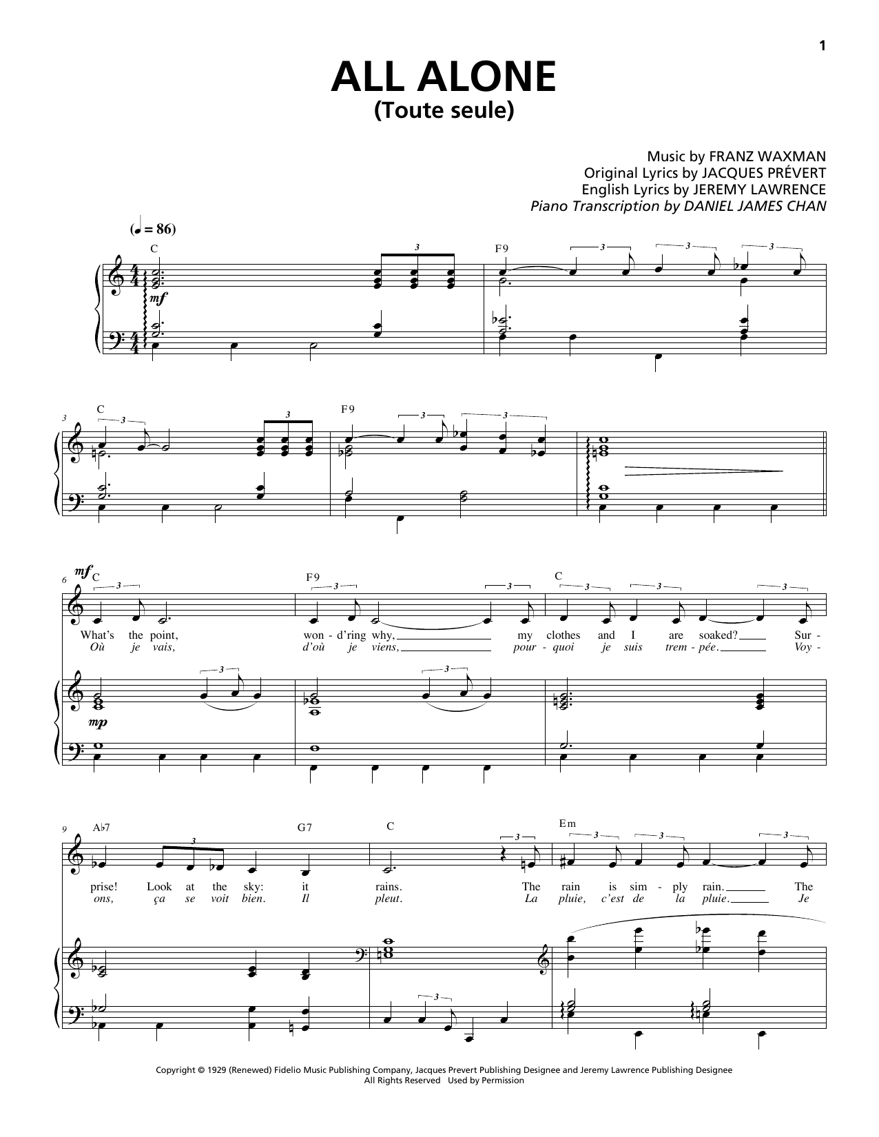 Download Franz Waxman All Alone (Toute Seule) Sheet Music and learn how to play Piano & Vocal PDF digital score in minutes