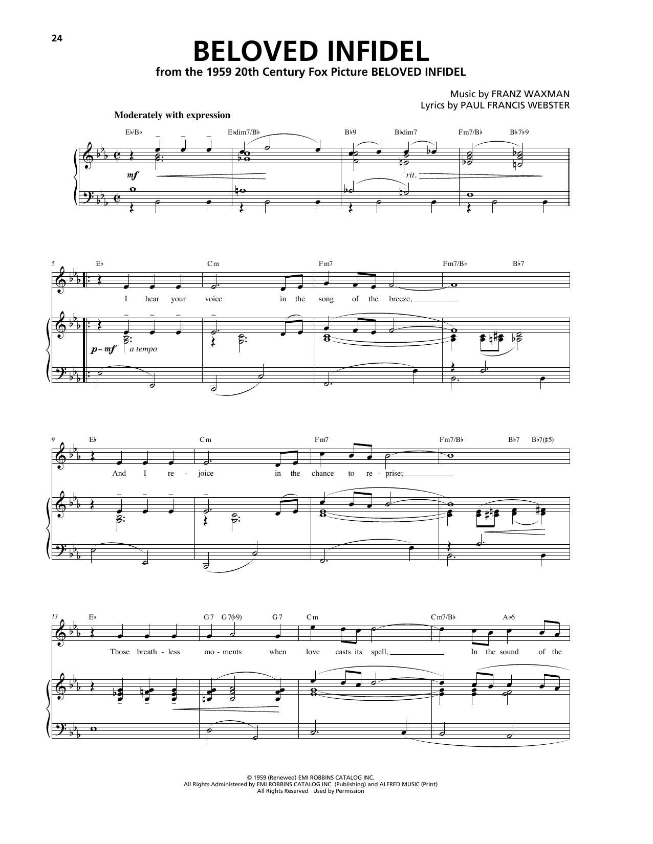 Download Franz Waxman Beloved Infidel Sheet Music and learn how to play Piano, Vocal & Guitar (Right-Hand Melody) PDF digital score in minutes