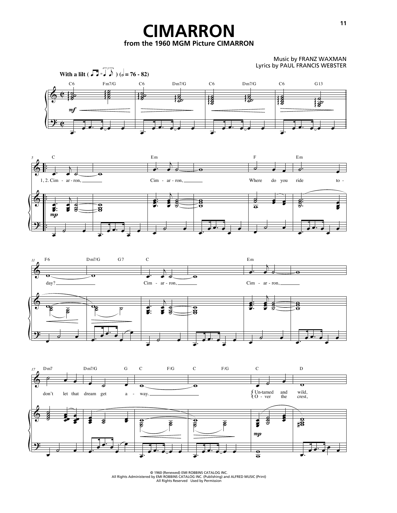 Download Franz Waxman Cimarron Sheet Music and learn how to play Piano, Vocal & Guitar (Right-Hand Melody) PDF digital score in minutes