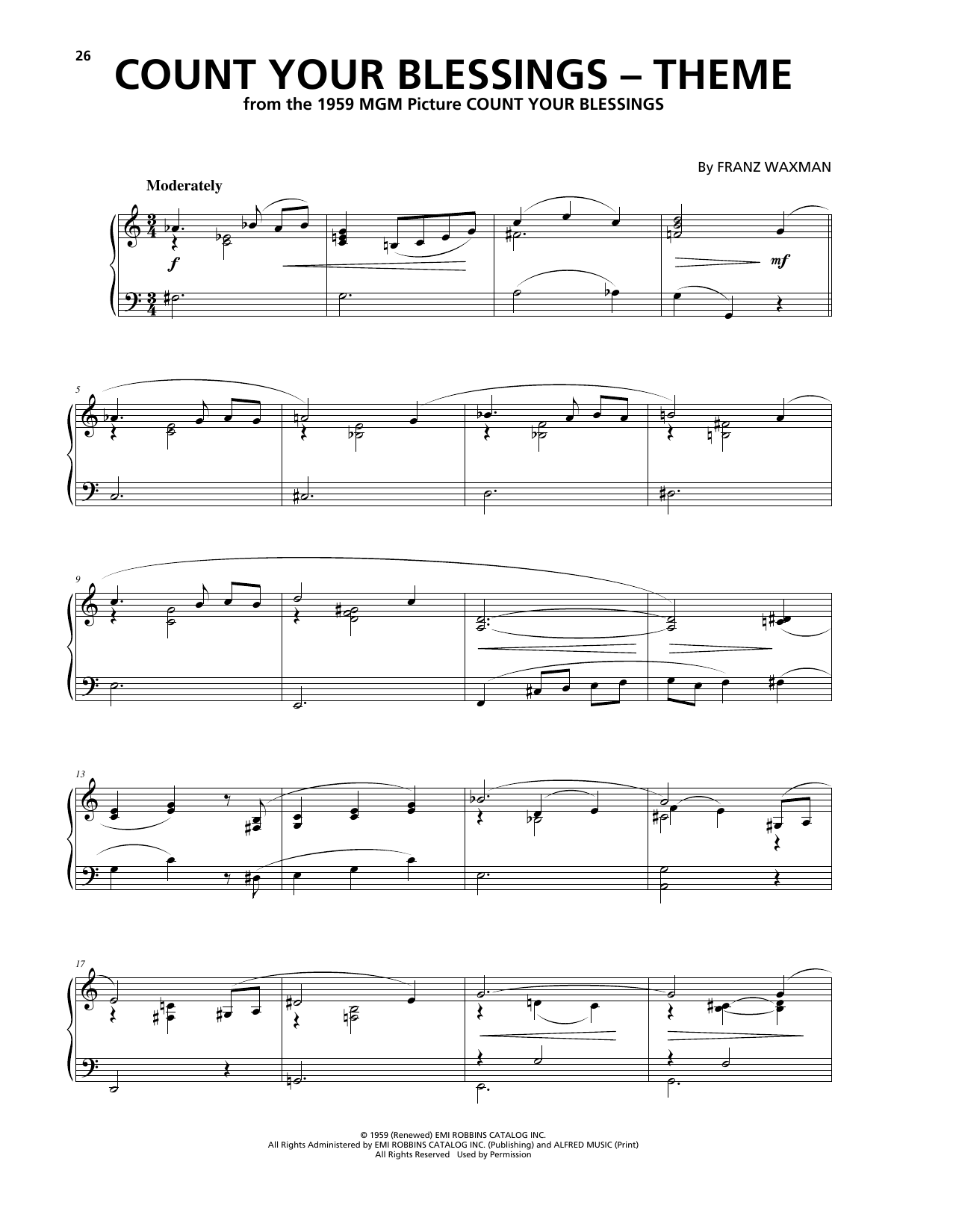 Download Franz Waxman Count Your Blessings (Theme) Sheet Music and learn how to play Piano PDF digital score in minutes
