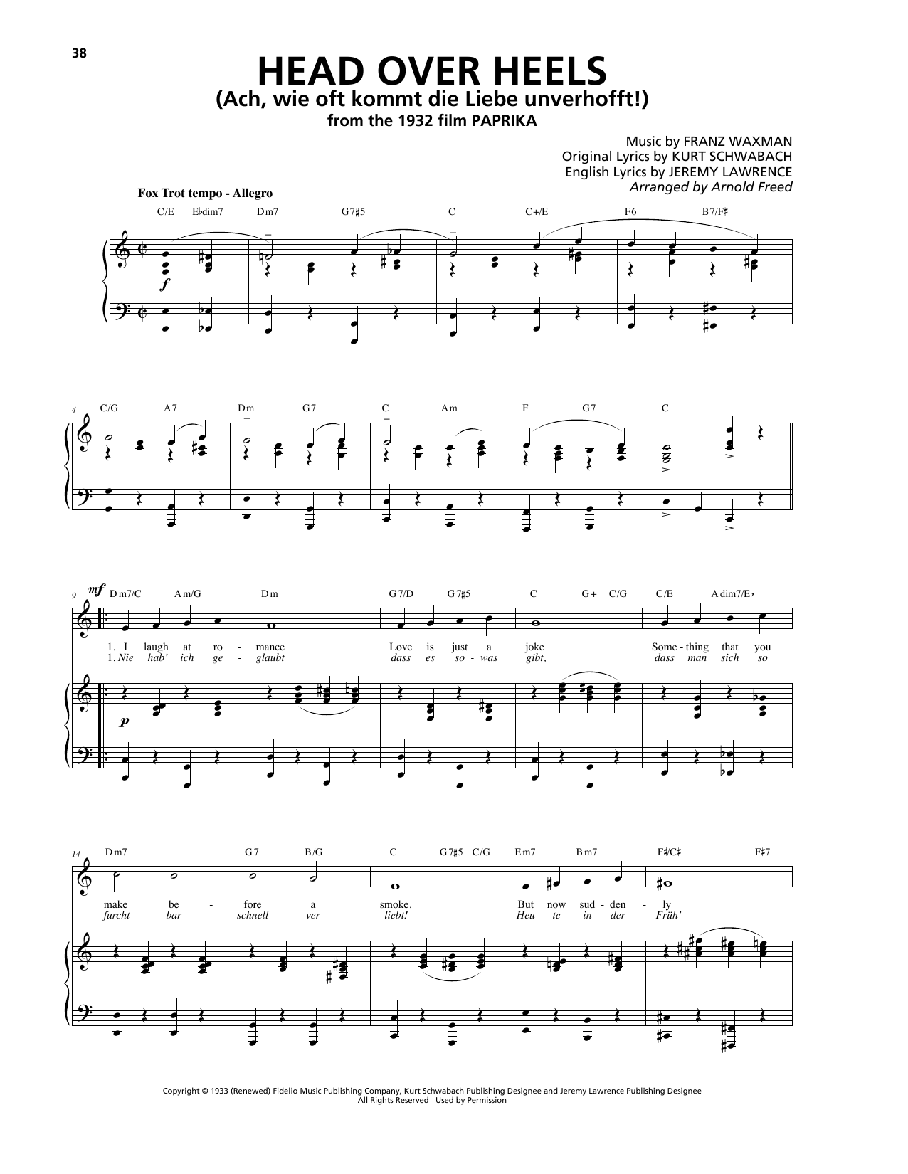 Download Franz Waxman Head Over Heels (Ach, wie oft kommt die Liebe unverhofft!) Sheet Music and learn how to play Piano, Vocal & Guitar (Right-Hand Melody) PDF digital score in minutes