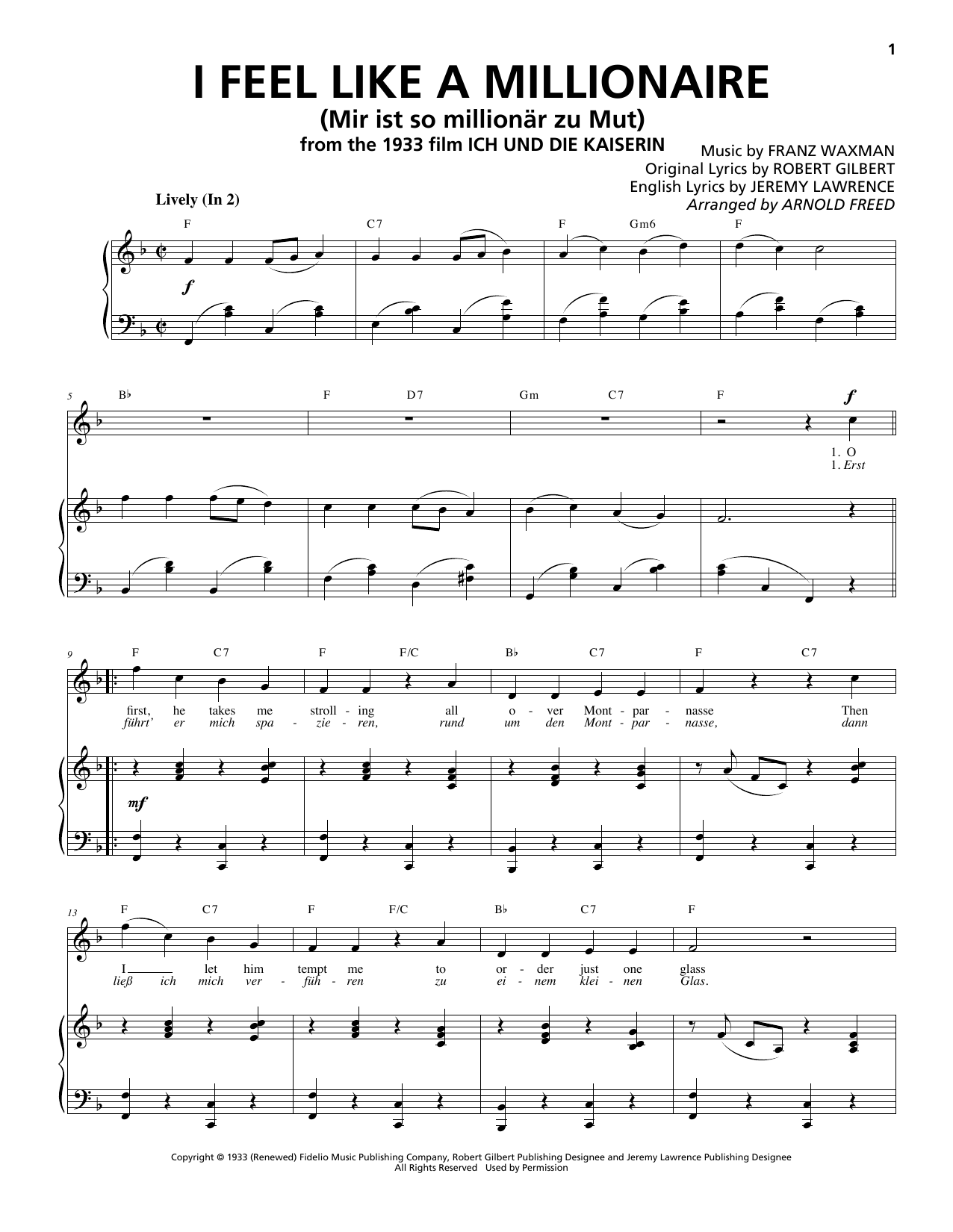 Download Franz Waxman I Feel Like A Millionaire (Mir ist so millionär zu Mut) Sheet Music and learn how to play Piano & Vocal PDF digital score in minutes