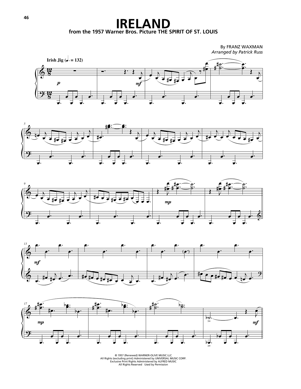 Download Franz Waxman Ireland (from The Spirit Of St. Louis) Sheet Music and learn how to play Piano Solo PDF digital score in minutes