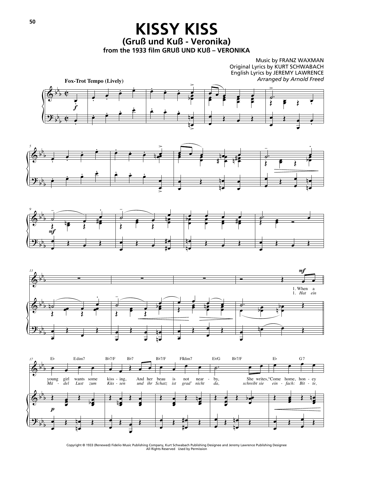Download Franz Waxman Kissy Kiss (Gruß und Kuss - Veronica) Sheet Music and learn how to play Piano, Vocal & Guitar (Right-Hand Melody) PDF digital score in minutes