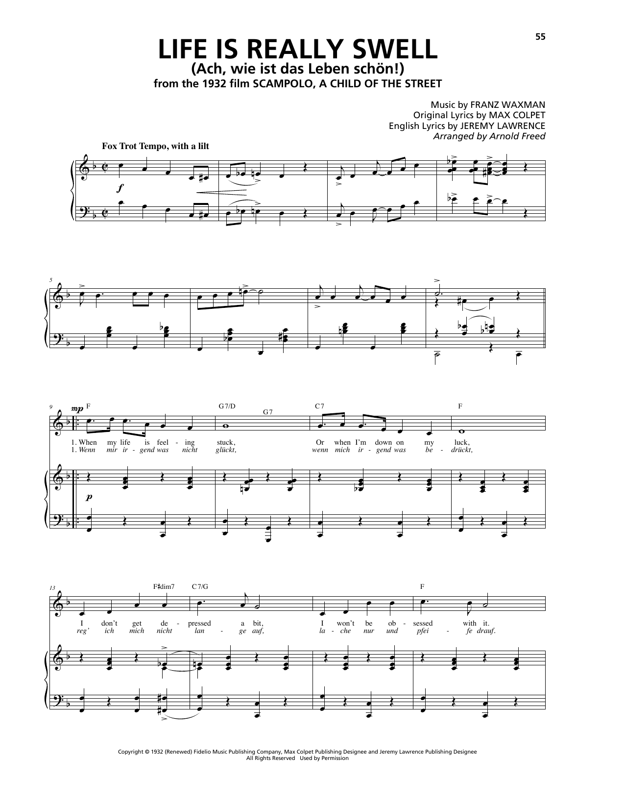 Download Franz Waxman Life Is Really Swell (Ach wie ist das Leben schön!) Sheet Music and learn how to play Piano, Vocal & Guitar (Right-Hand Melody) PDF digital score in minutes