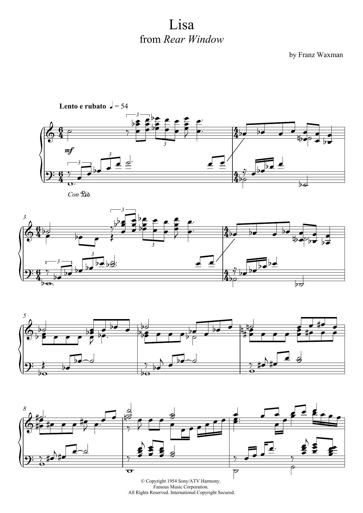 Download Franz Waxman Lisa from 'Rear Window' Sheet Music and learn how to play Piano PDF digital score in minutes