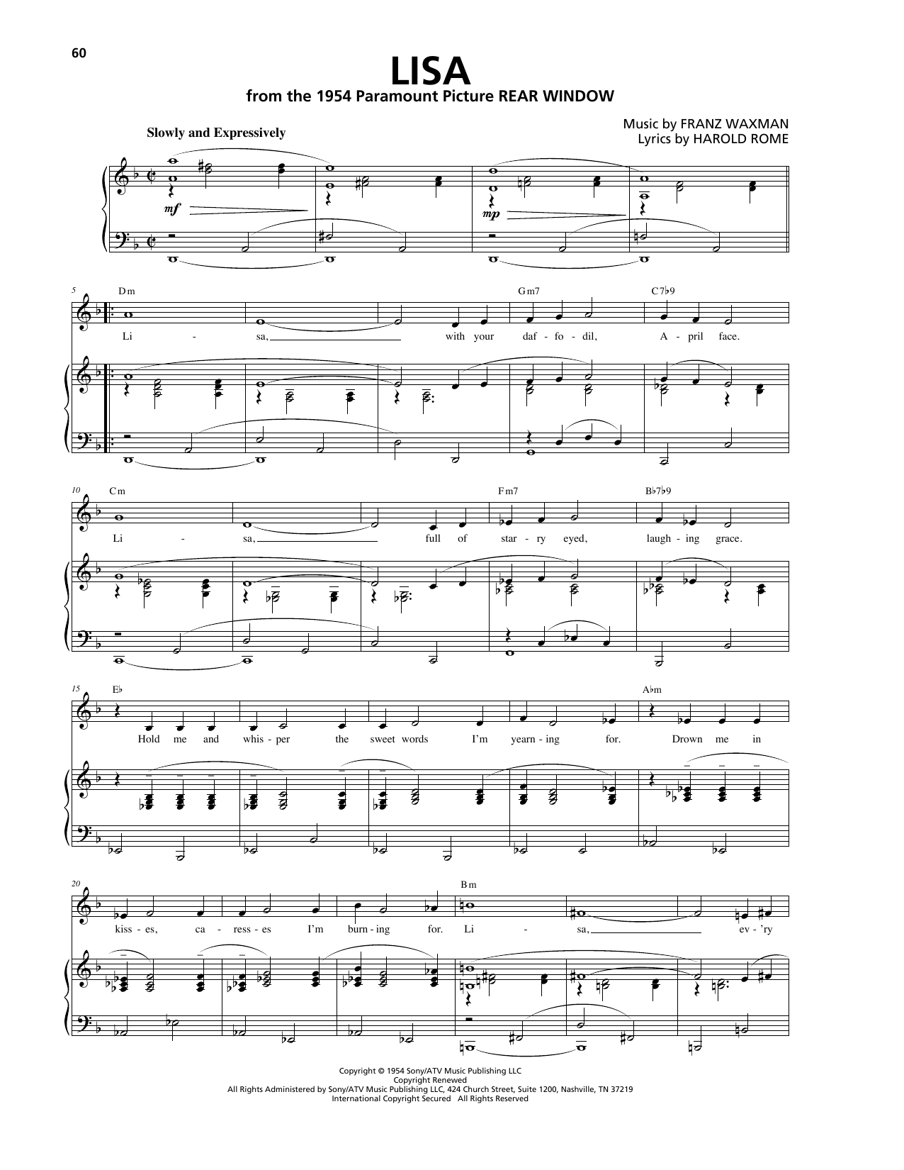 Download Franz Waxman Lisa Sheet Music and learn how to play Piano, Vocal & Guitar (Right-Hand Melody) PDF digital score in minutes