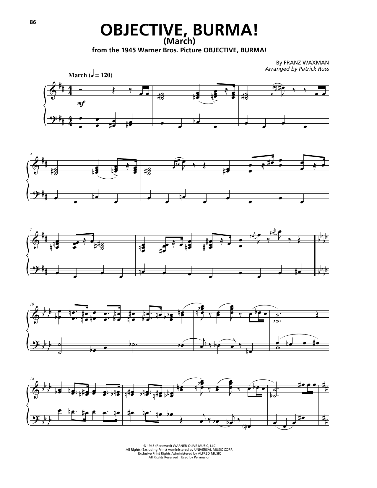 Download Franz Waxman Objective, Burma! (March) (from Objective, Burma!) Sheet Music and learn how to play Piano Solo PDF digital score in minutes