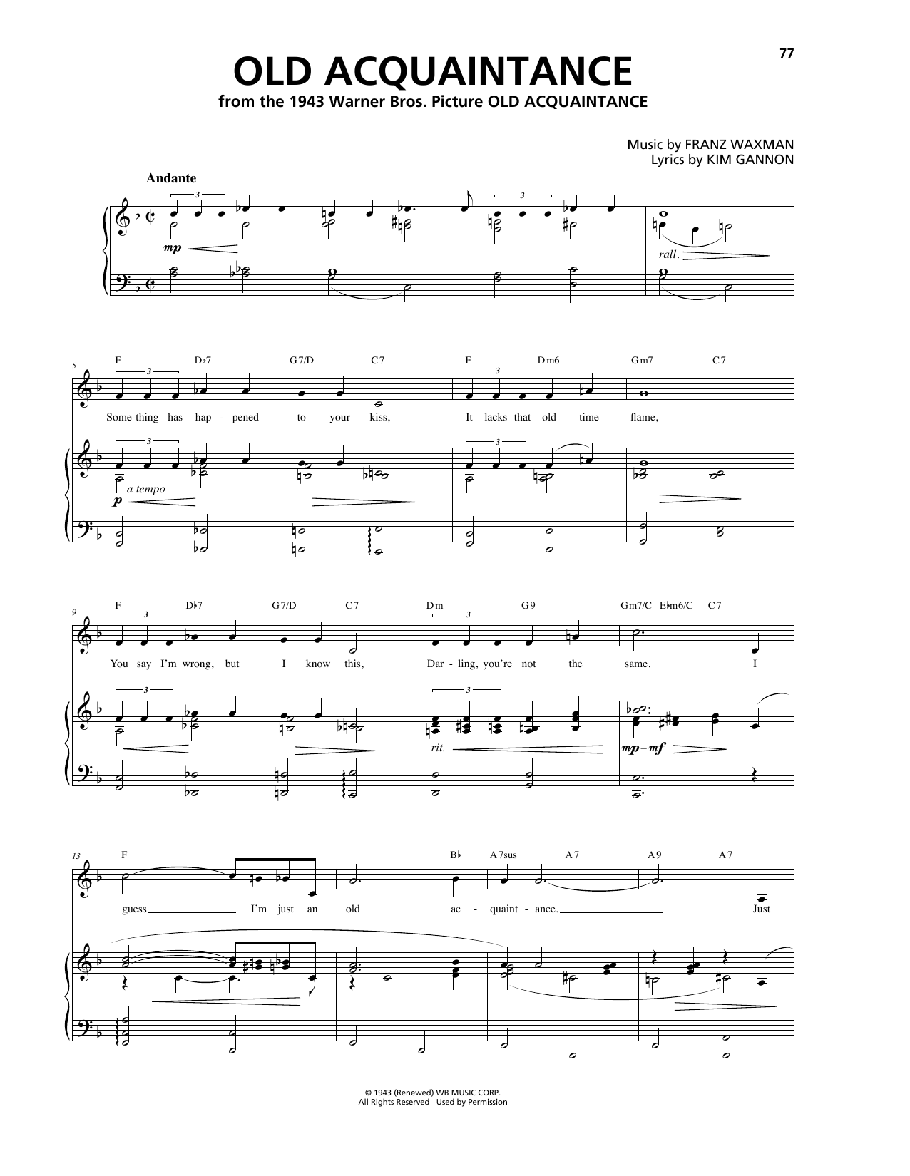 Download Franz Waxman Old Acquaintance Sheet Music and learn how to play Piano, Vocal & Guitar (Right-Hand Melody) PDF digital score in minutes