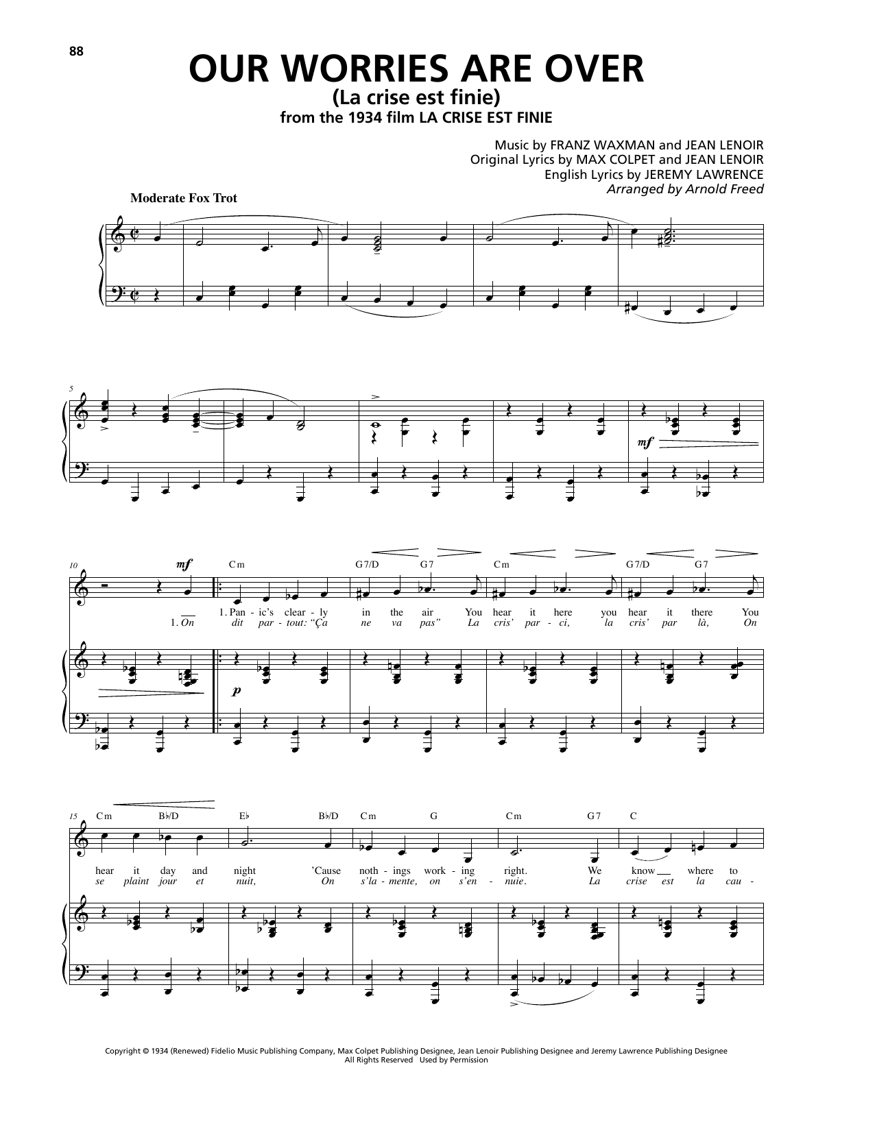Download Franz Waxman Our Worries Are Over (La Crise Est Finie) Sheet Music and learn how to play Piano, Vocal & Guitar (Right-Hand Melody) PDF digital score in minutes