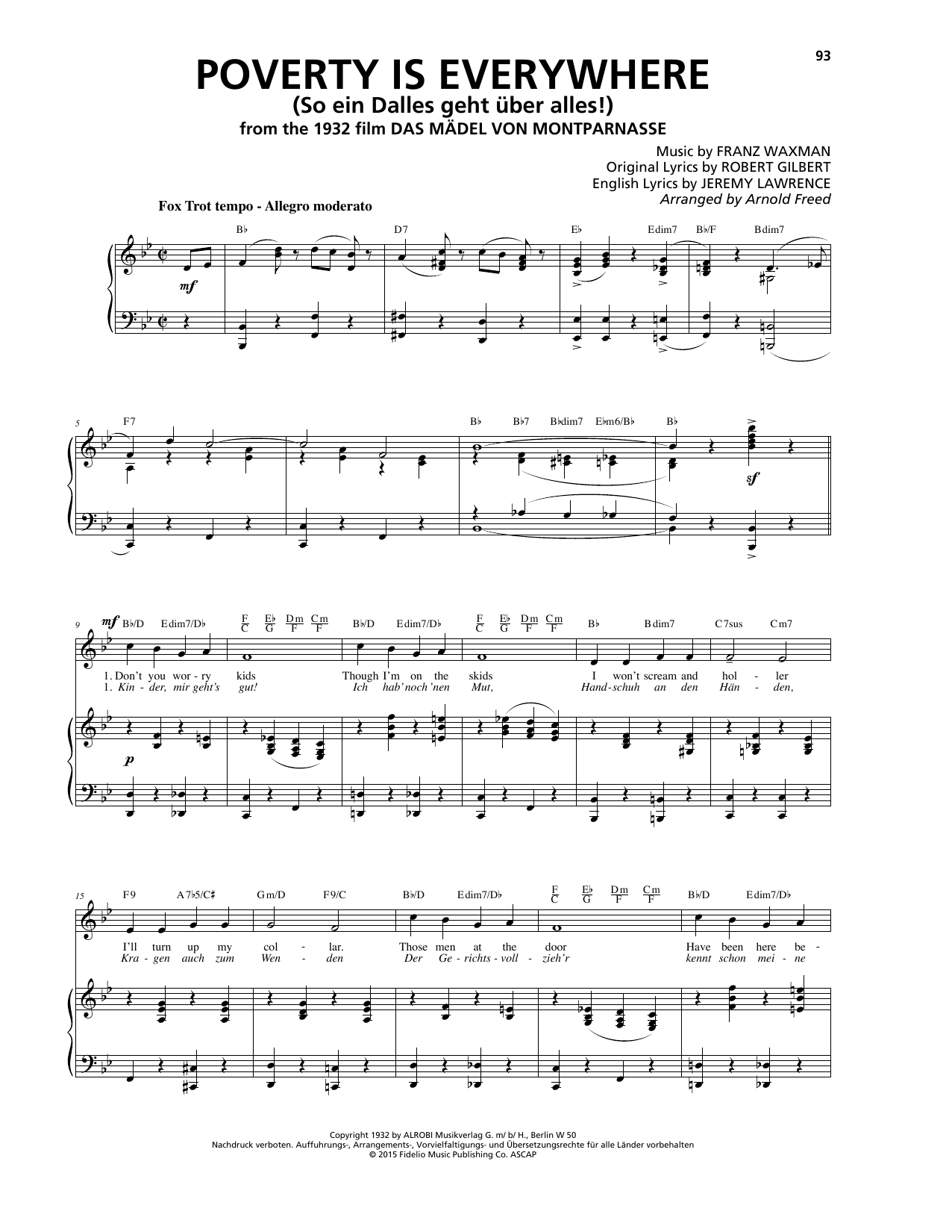Download Franz Waxman Poverty Is Everywhere (So ein Dalles geht über alles!) Sheet Music and learn how to play Piano, Vocal & Guitar (Right-Hand Melody) PDF digital score in minutes
