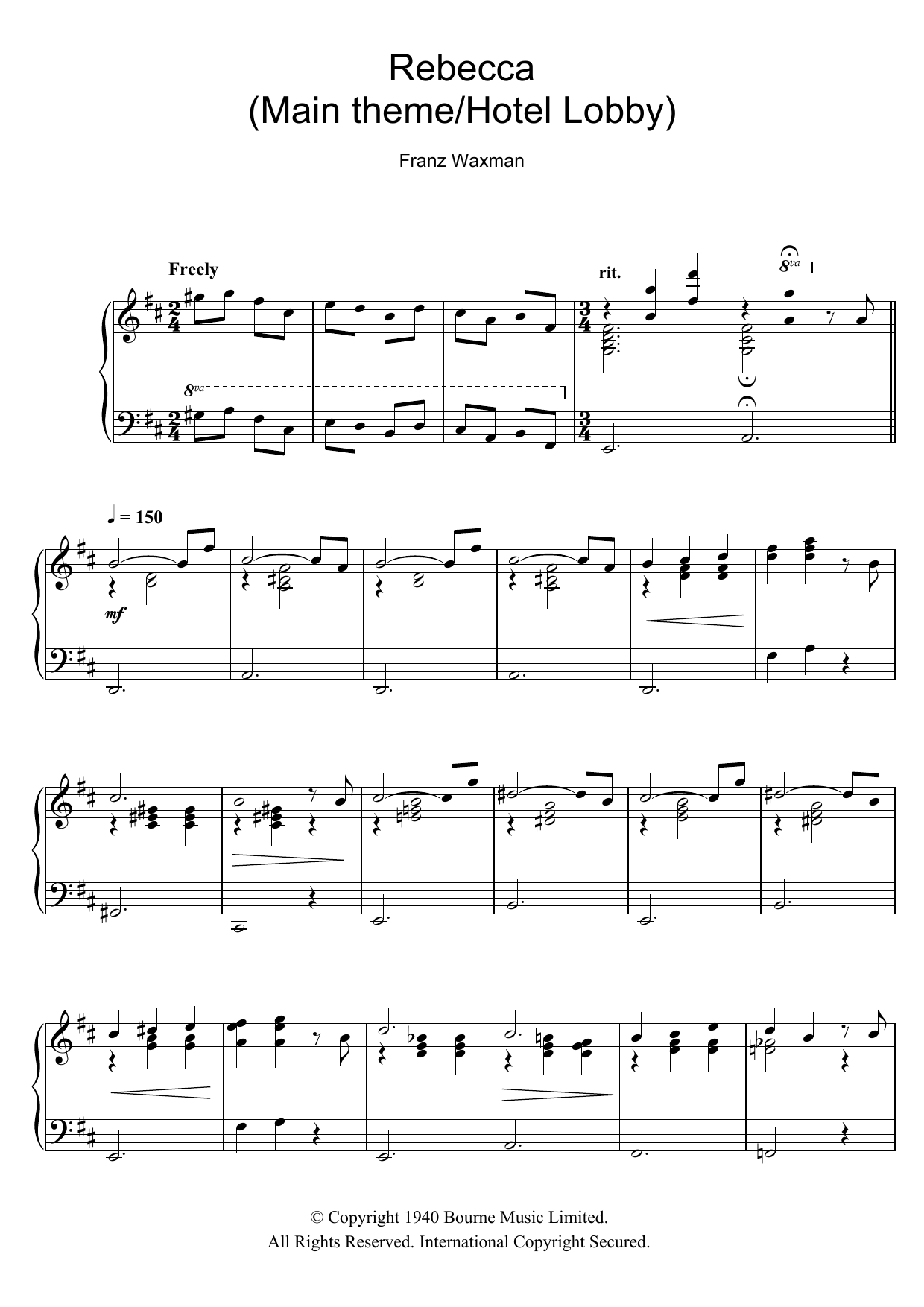 Download Franz Waxman Rebecca (Main Theme/Hotel Lobby) Sheet Music and learn how to play Piano PDF digital score in minutes