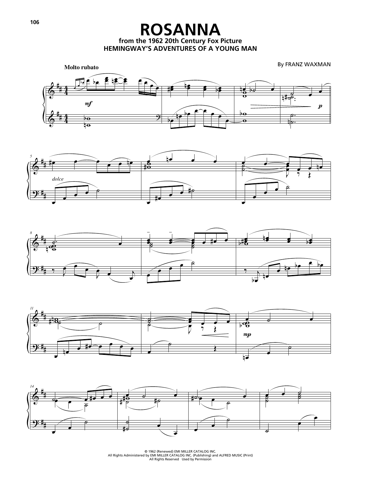 Download Franz Waxman Rosanna Sheet Music and learn how to play Piano PDF digital score in minutes