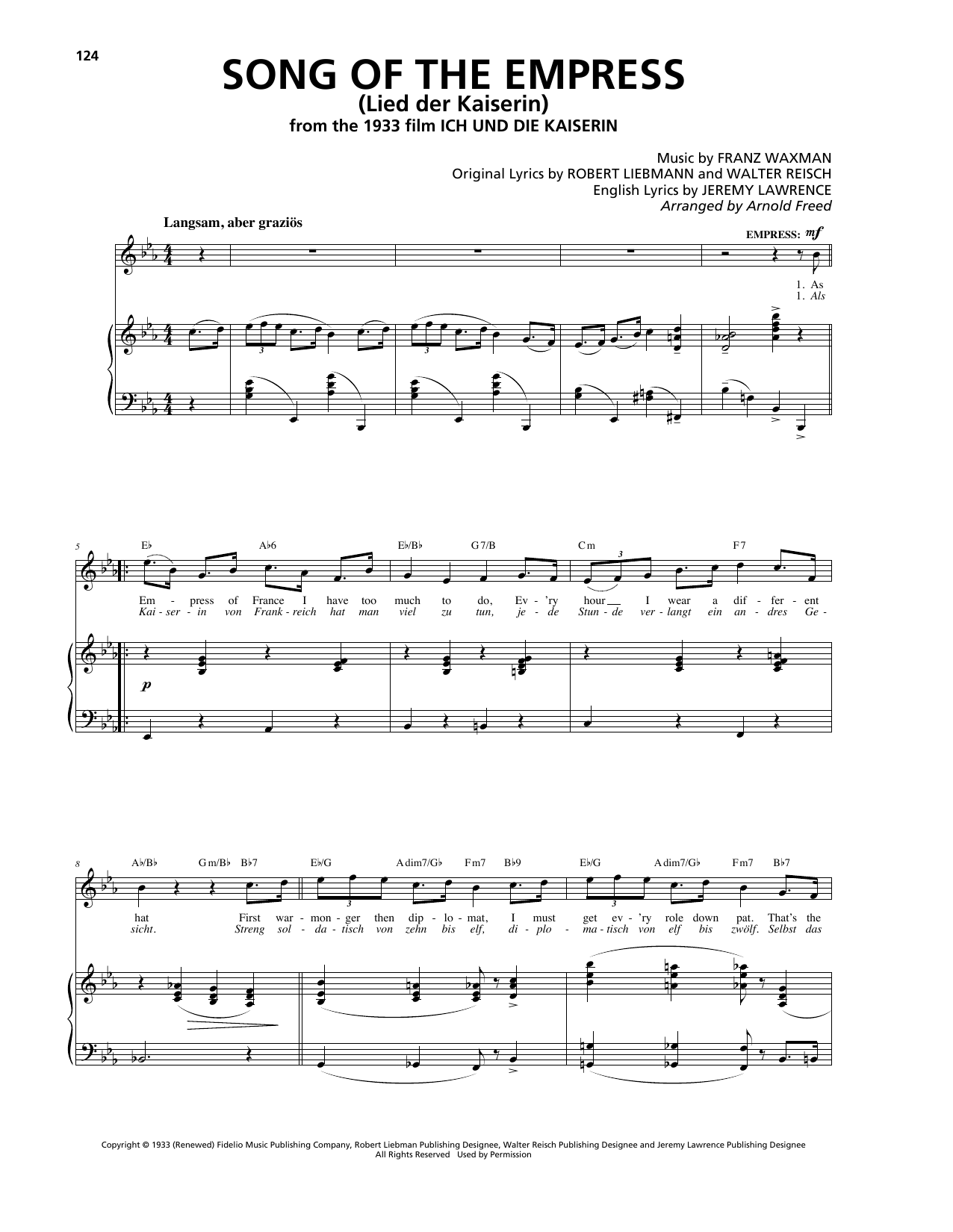 Download Franz Waxman Song Of The Empress (Lied der Kaiserin) Sheet Music and learn how to play Piano, Vocal & Guitar (Right-Hand Melody) PDF digital score in minutes