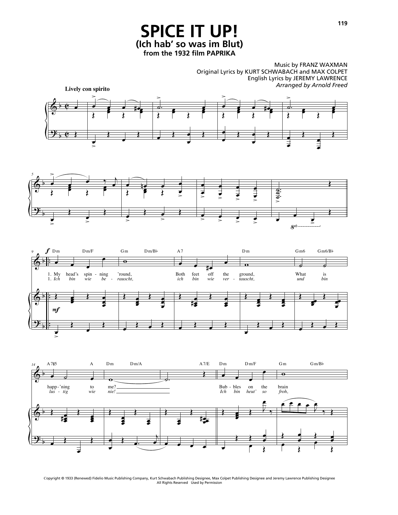 Download Franz Waxman Spice It Up! (Ich hab' so was im Blut) Sheet Music and learn how to play Piano, Vocal & Guitar (Right-Hand Melody) PDF digital score in minutes