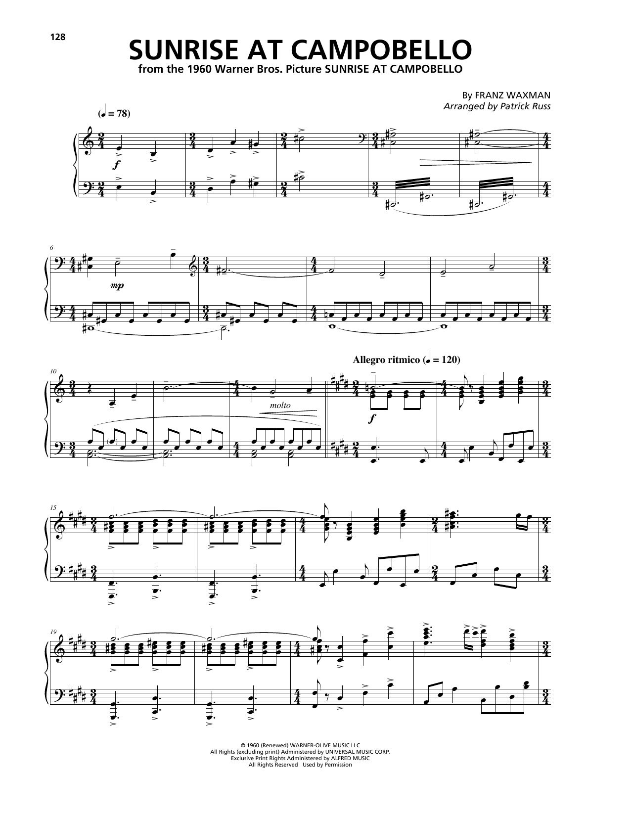Download Franz Waxman Sunrise At Campobello (from Sunrise At Campobello) Sheet Music and learn how to play Piano Solo PDF digital score in minutes