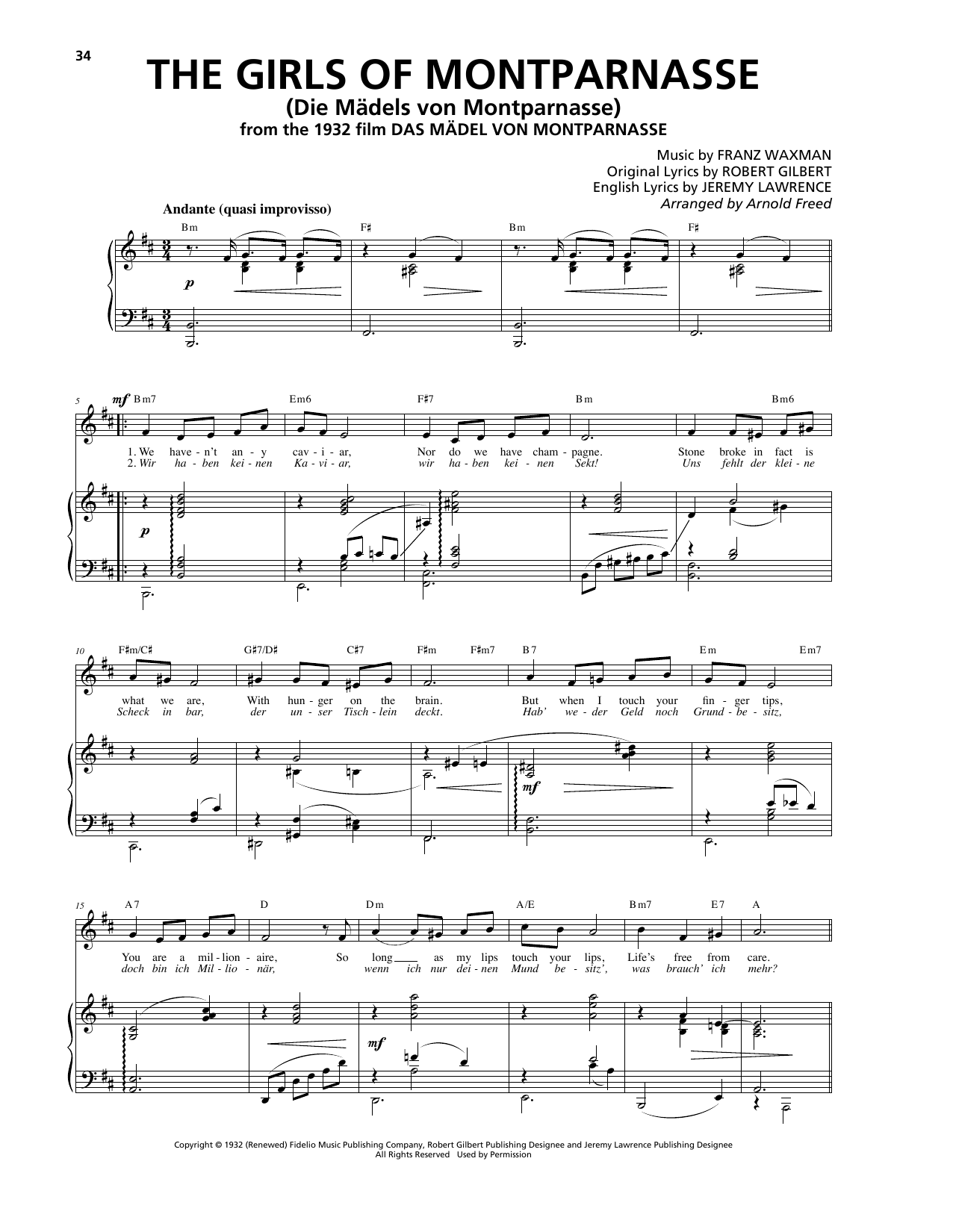 Download Franz Waxman The Girls Of Montparnasse (Die Mädels von Montparnasse) Sheet Music and learn how to play Piano, Vocal & Guitar (Right-Hand Melody) PDF digital score in minutes