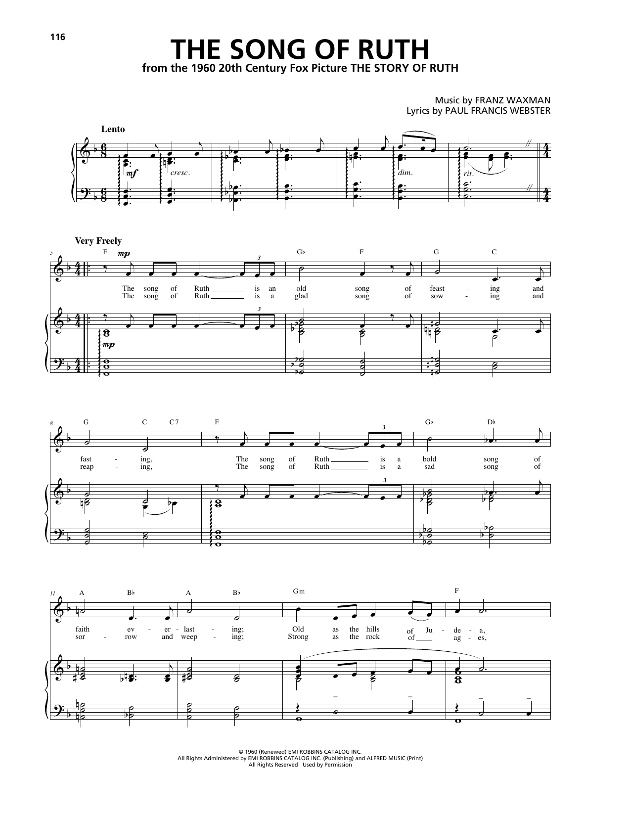 Download Franz Waxman The Song Of Ruth Sheet Music and learn how to play Piano, Vocal & Guitar (Right-Hand Melody) PDF digital score in minutes