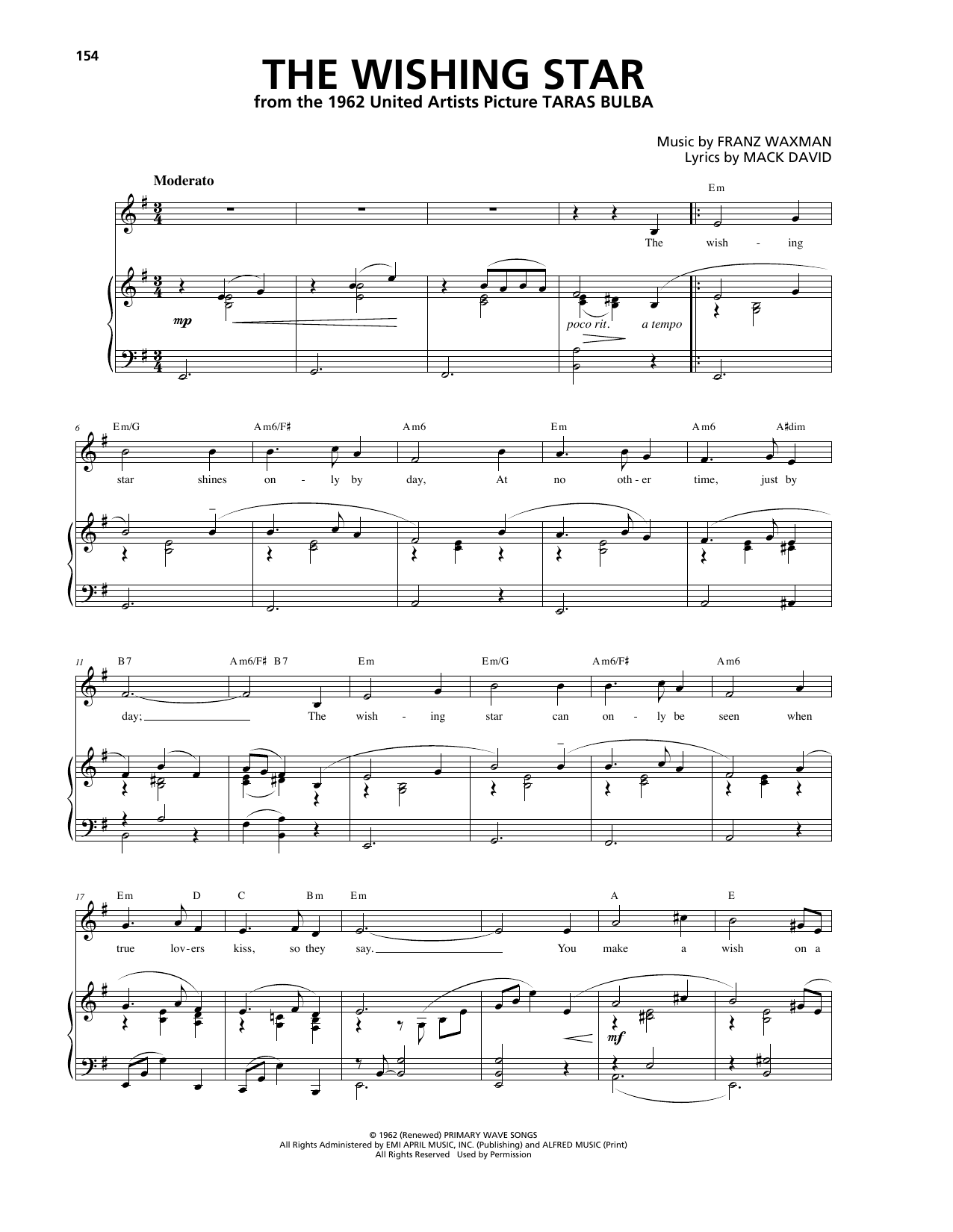 Download Franz Waxman The Wishing Star Sheet Music and learn how to play Piano, Vocal & Guitar (Right-Hand Melody) PDF digital score in minutes