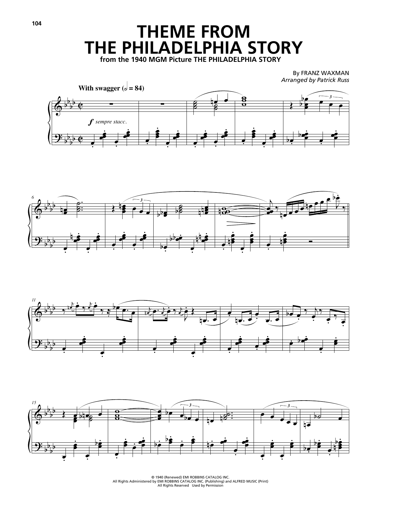 Download Franz Waxman Theme From The Philadelphia Story Sheet Music and learn how to play Piano PDF digital score in minutes