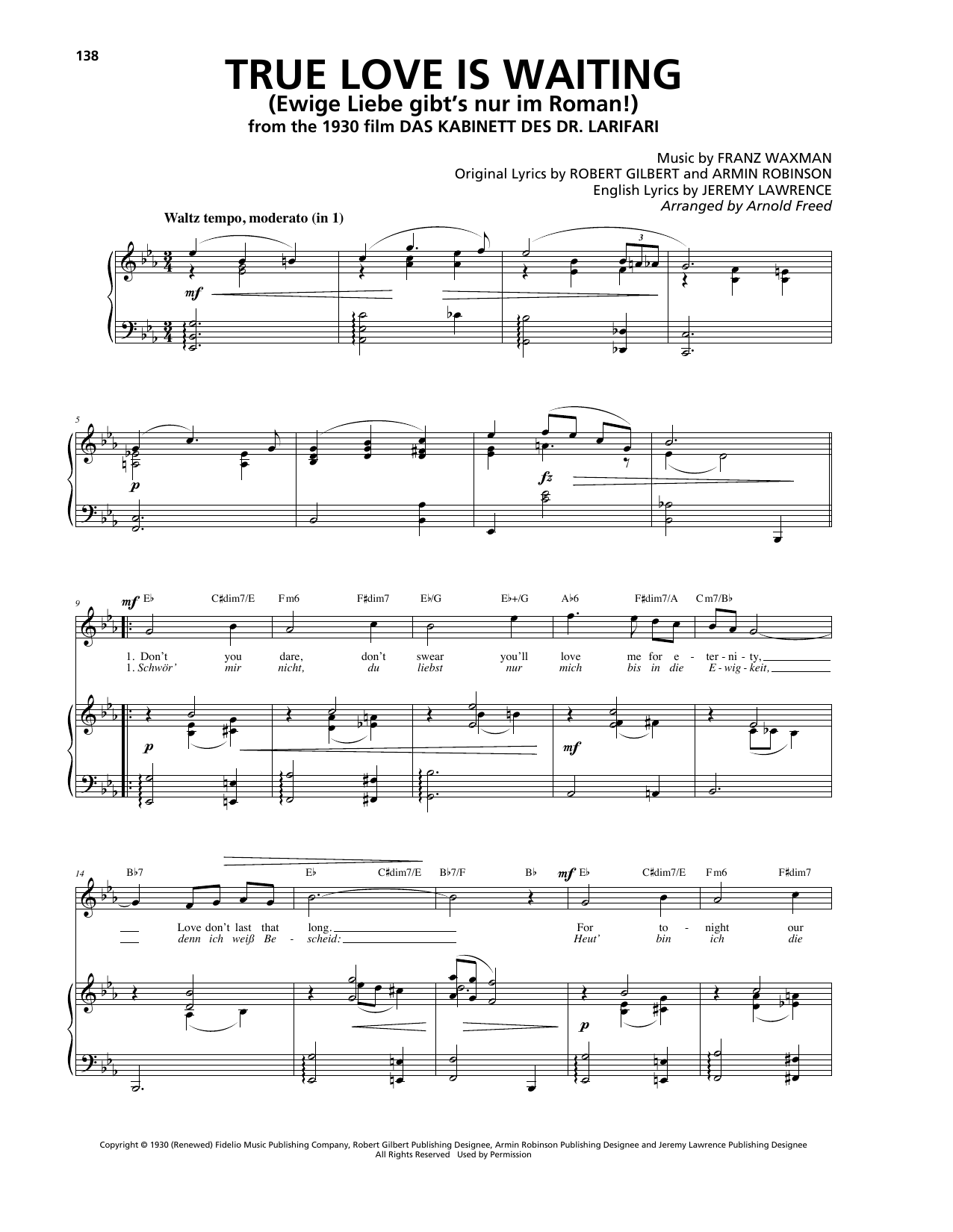 Download Franz Waxman True Love Is Waiting (Ewige Liebe gibt's nur im Roman!) Sheet Music and learn how to play Piano, Vocal & Guitar (Right-Hand Melody) PDF digital score in minutes