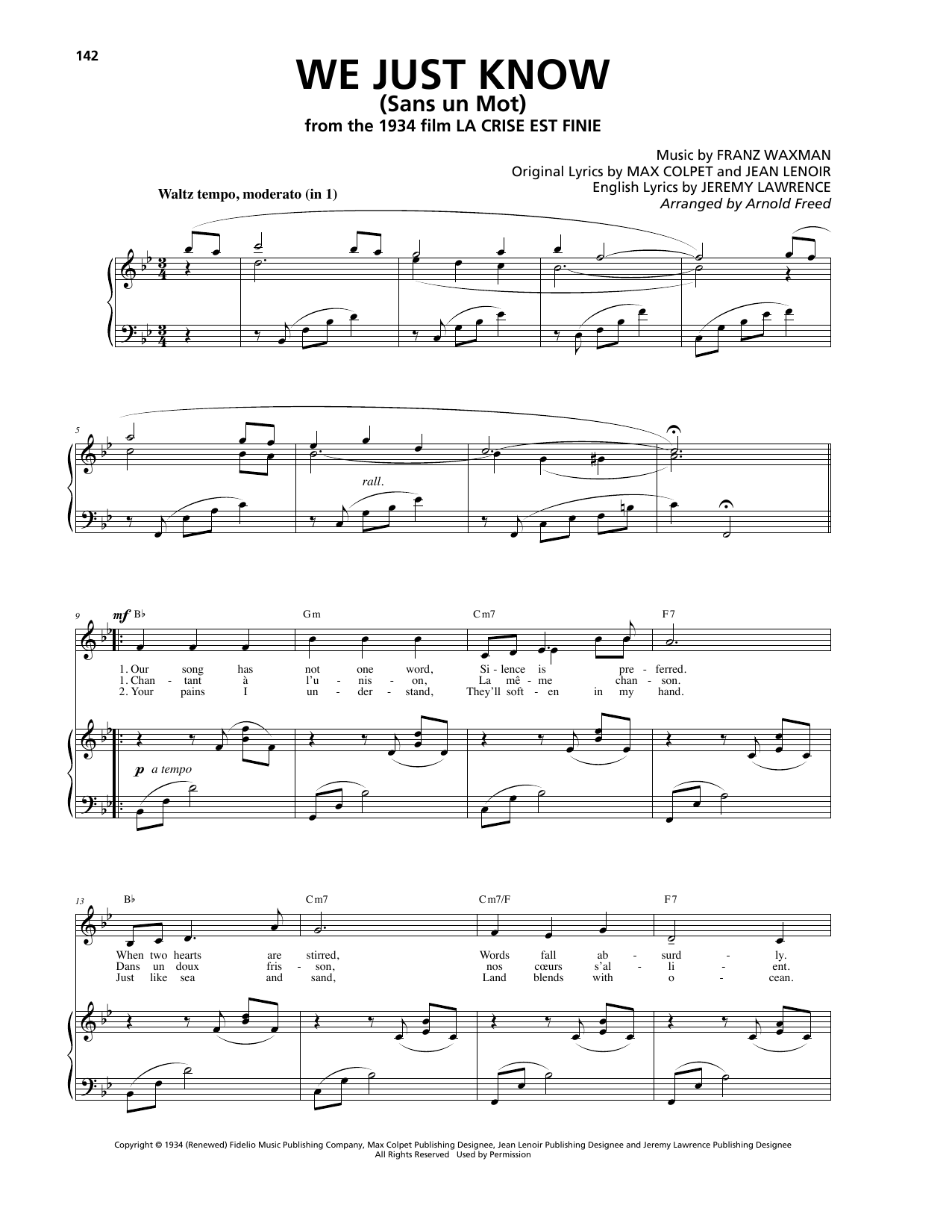 Download Franz Waxman We Just Know (Sans un Mot) Sheet Music and learn how to play Piano, Vocal & Guitar (Right-Hand Melody) PDF digital score in minutes