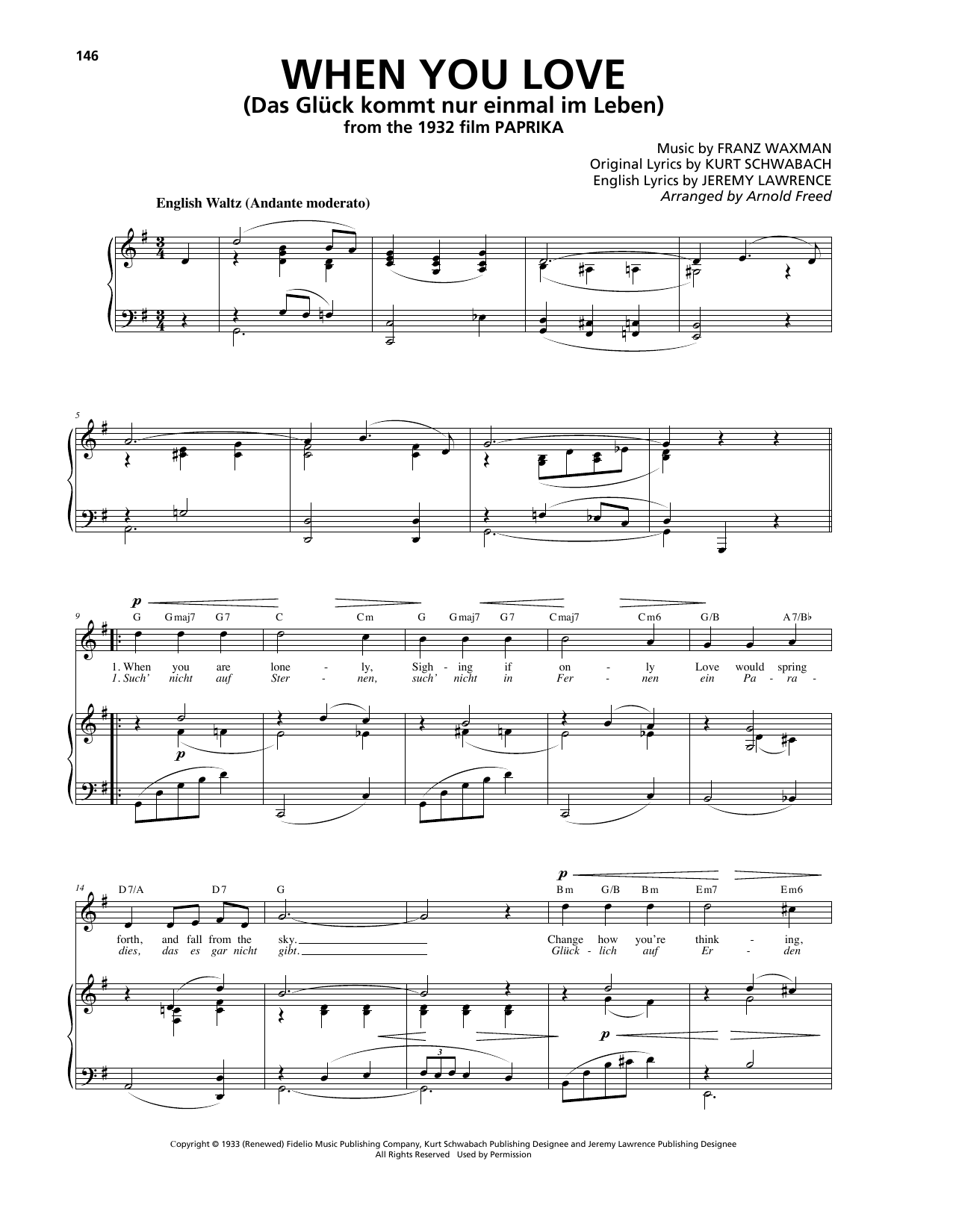 Download Franz Waxman When You Love (Das Glück kommt nur einmal im Leben) Sheet Music and learn how to play Piano, Vocal & Guitar (Right-Hand Melody) PDF digital score in minutes