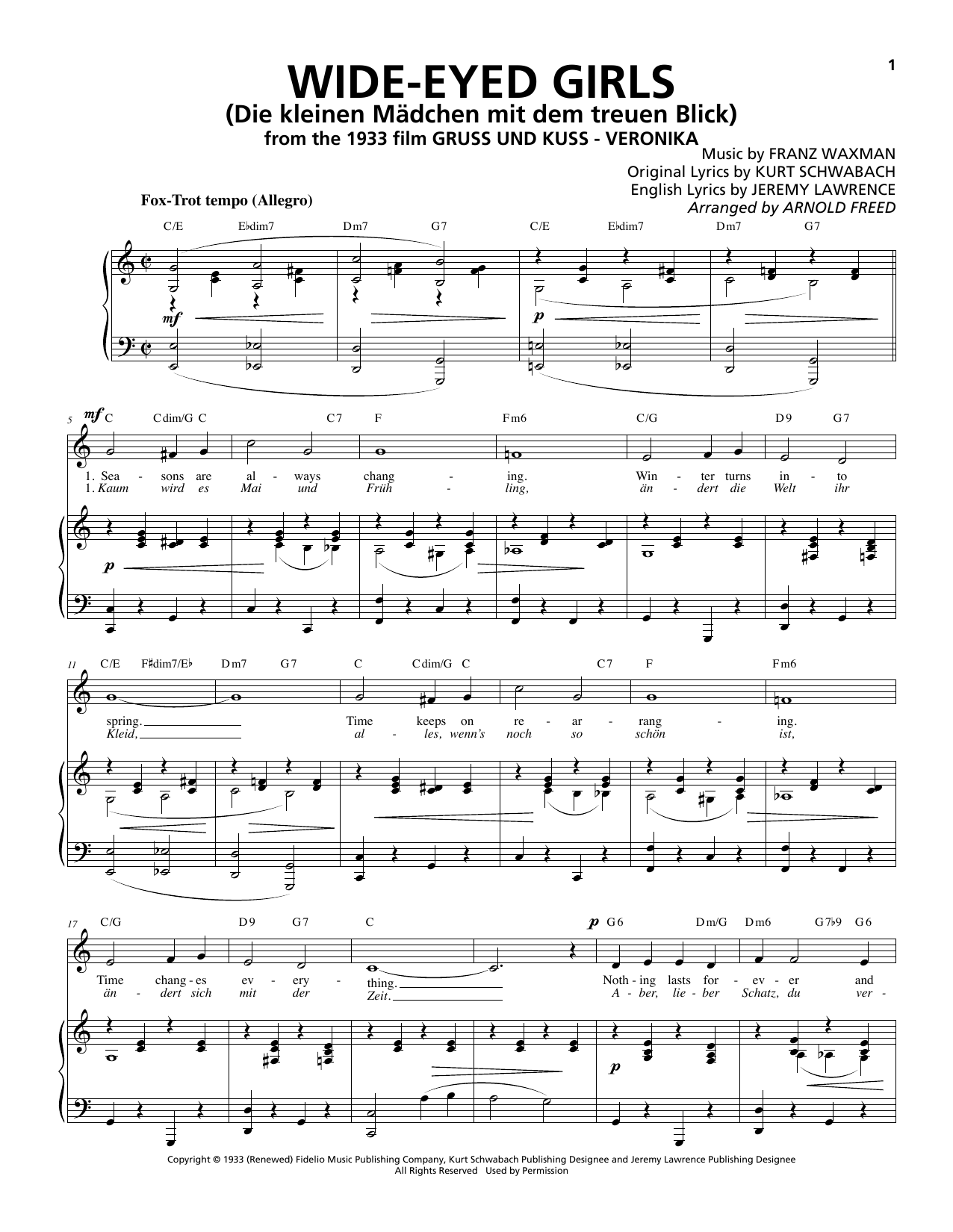 Download Franz Waxman Wide-Eyed Girls (Die kleinen Mädchen mit dem treuen Blick) Sheet Music and learn how to play Piano & Vocal PDF digital score in minutes