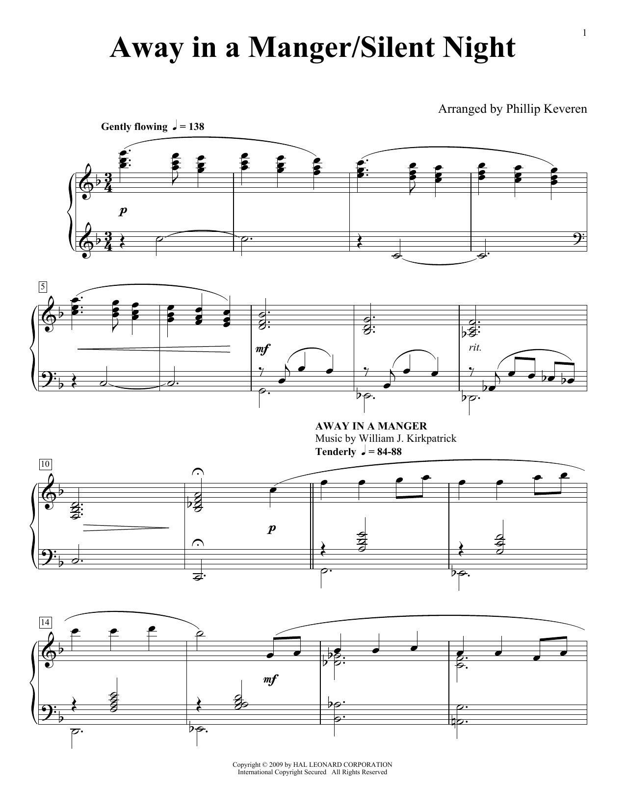 Download Franz X. Gruber Away In A Manger/Silent Night (arr. Phillip Keveren) Sheet Music and learn how to play Piano Solo PDF digital score in minutes