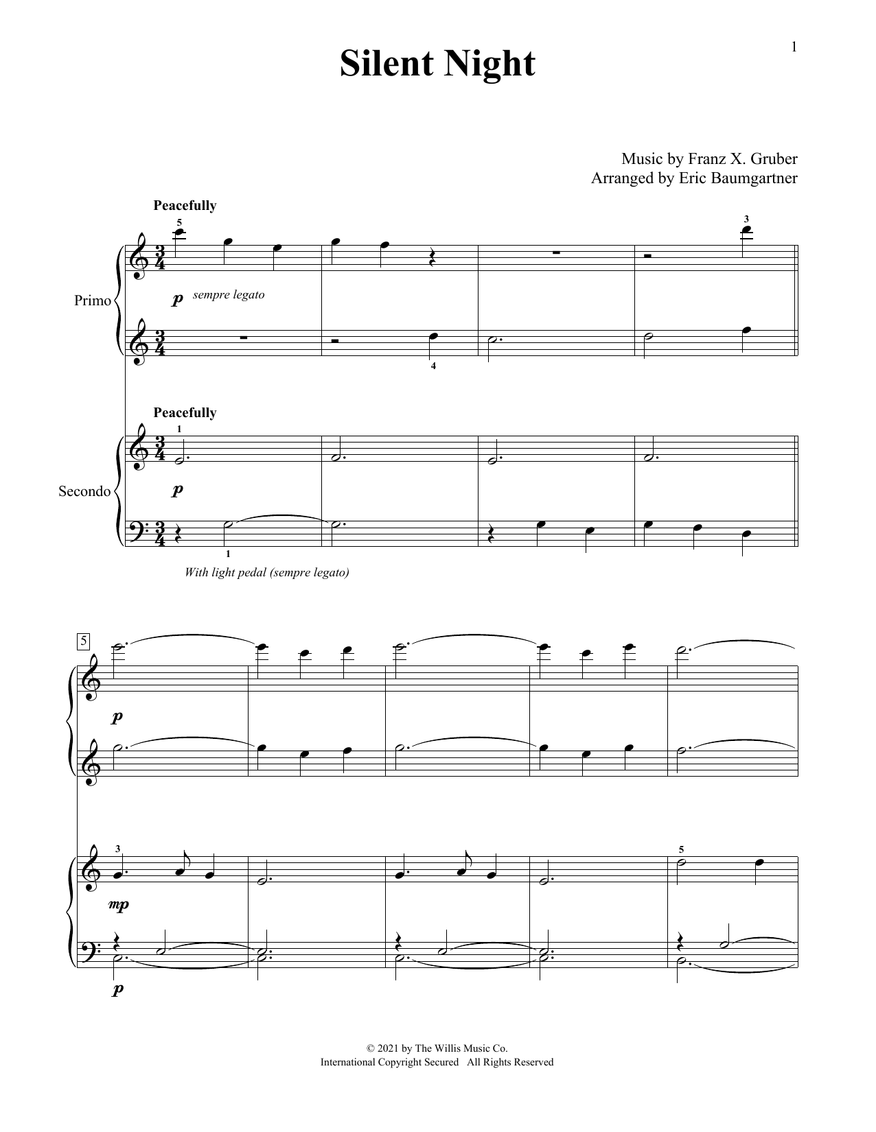 Download Franz X. Grüber Silent Night (arr. Eric Baumgartner) Sheet Music and learn how to play Piano Duet PDF digital score in minutes