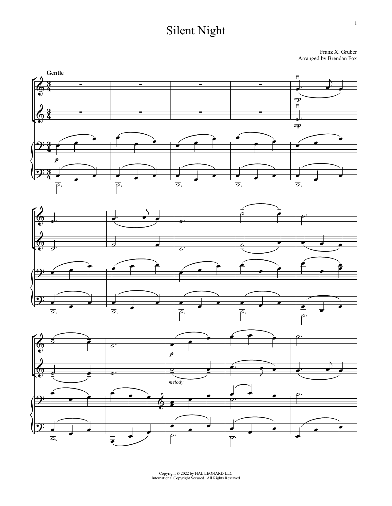 Download Franz X. Gruber Silent Night (for Violin Duet and Piano) Sheet Music and learn how to play Violin and Piano PDF digital score in minutes
