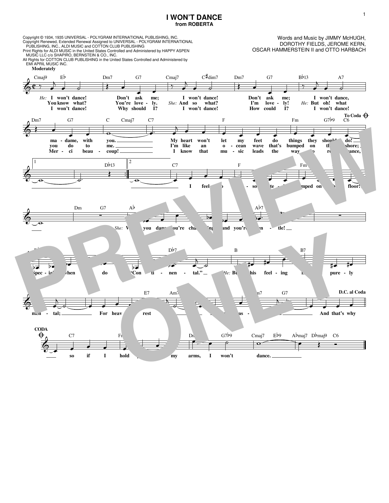 Download Fred Astaire I Won't Dance (from Roberta) Sheet Music and learn how to play Lead Sheet / Fake Book PDF digital score in minutes