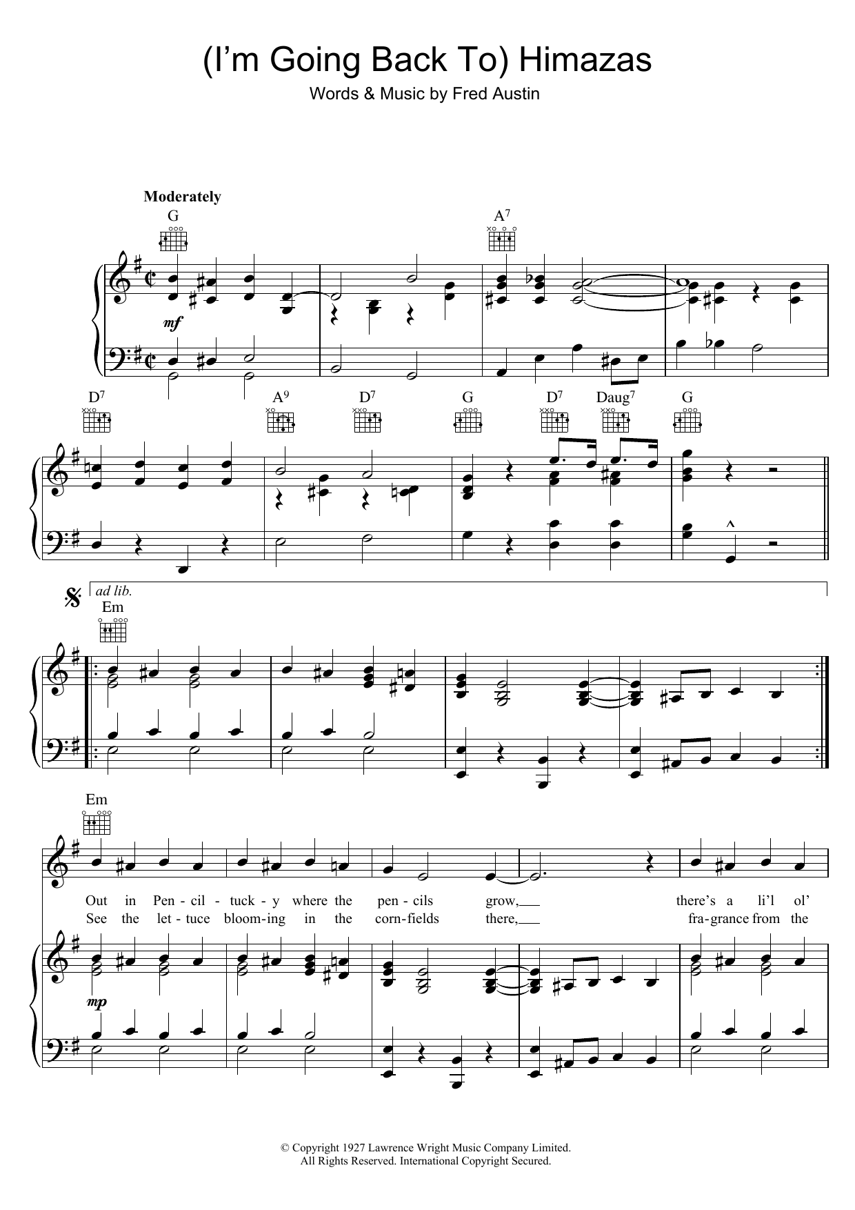Download Fred Austin (I'm Going Back To) Himazas Sheet Music and learn how to play Piano, Vocal & Guitar (Right-Hand Melody) PDF digital score in minutes