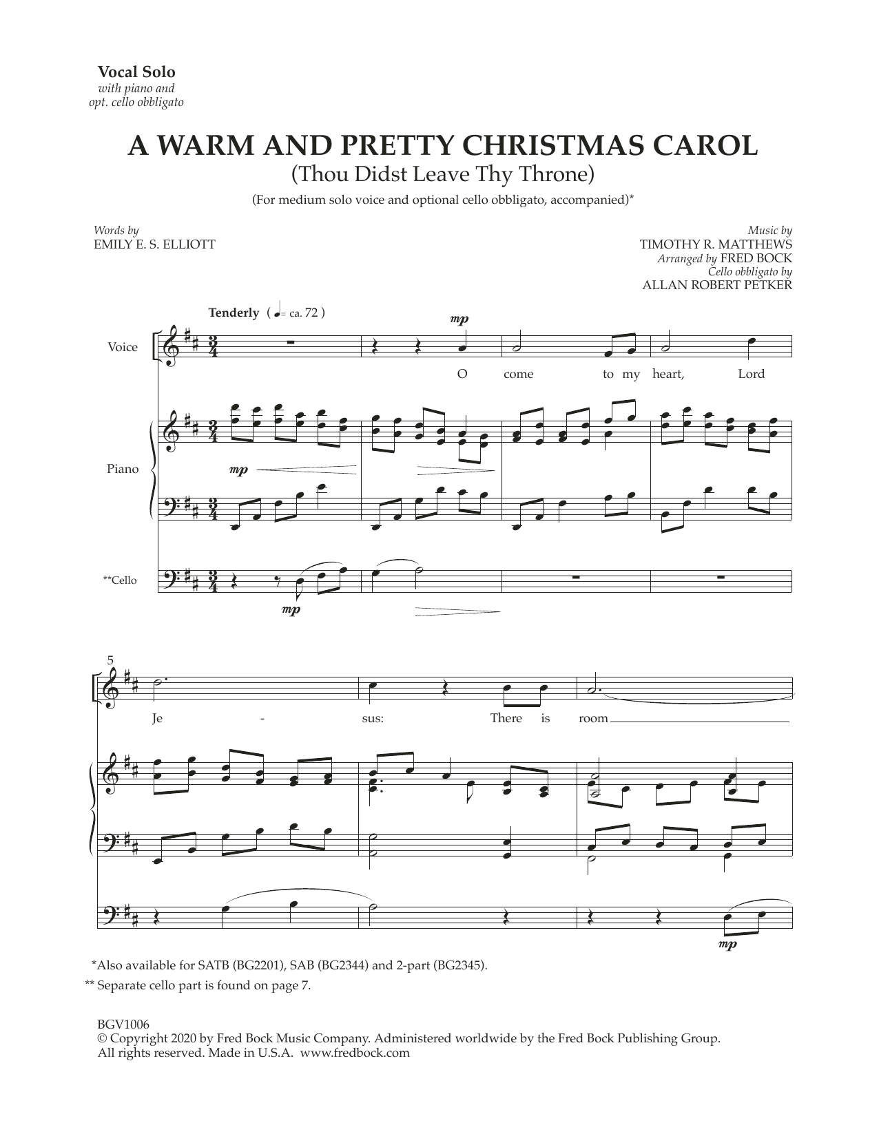 Download Fred Bock A Warm And Pretty Christmas Carol (with optional cello obbligato) Sheet Music and learn how to play Piano & Vocal PDF digital score in minutes