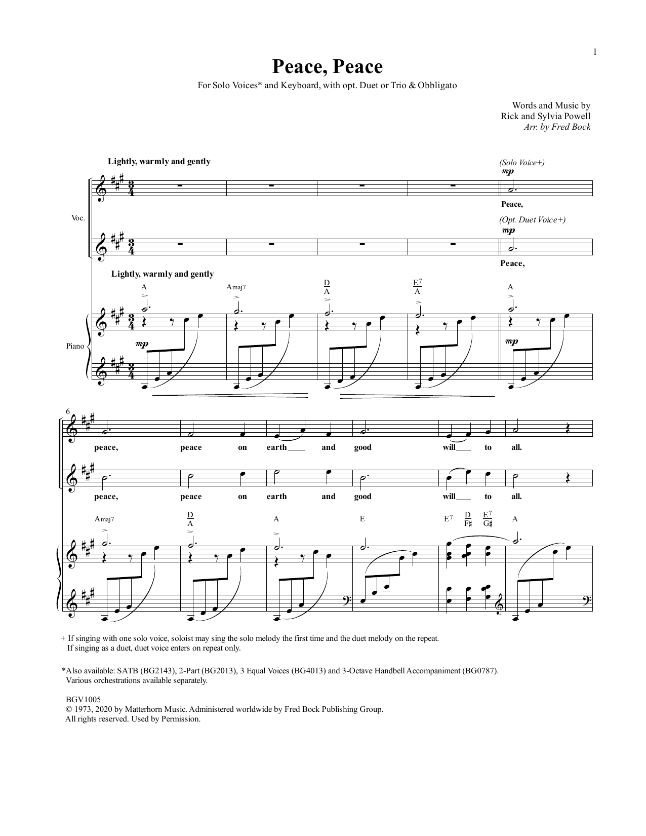 Download Fred Bock Peace, Peace Sheet Music and learn how to play Piano & Vocal PDF digital score in minutes