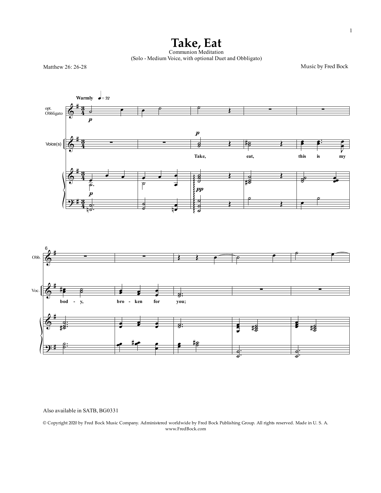 Download Fred Bock Take, Eat Sheet Music and learn how to play Piano & Vocal PDF digital score in minutes