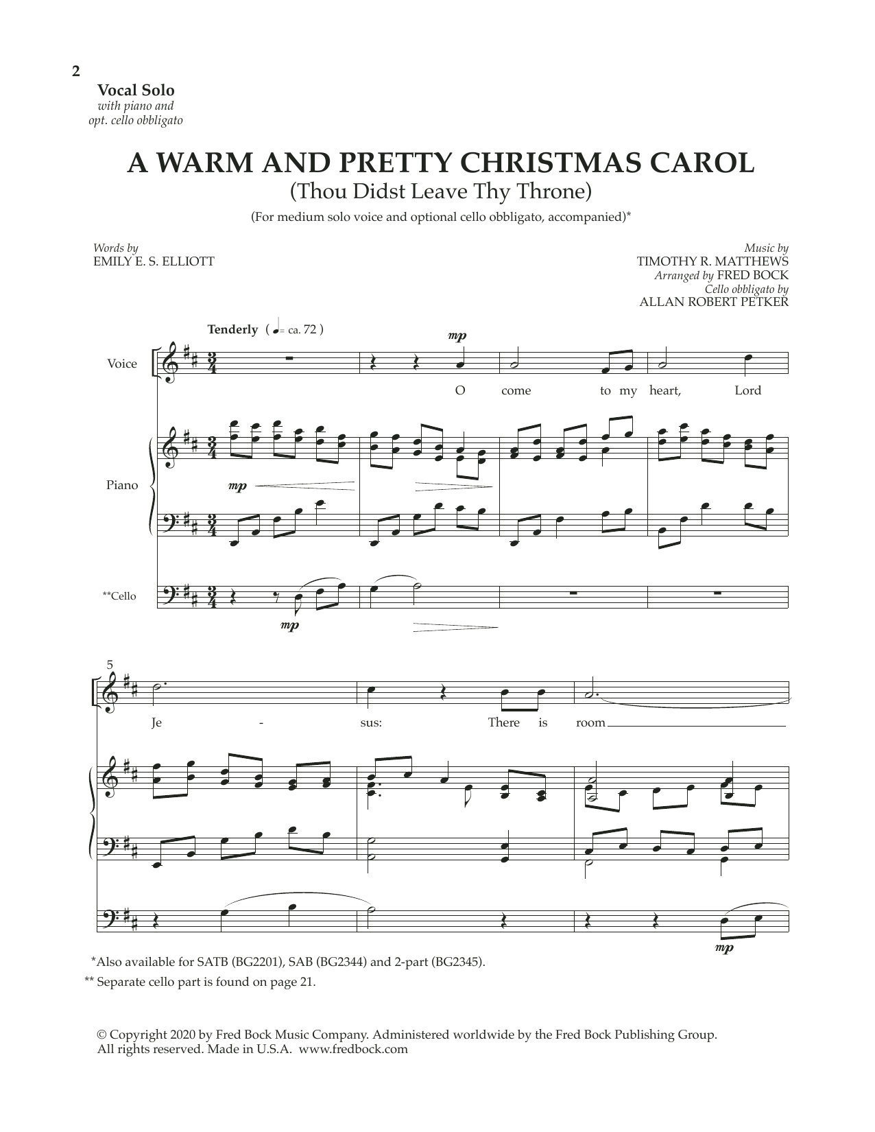 Download Fred Bock Three Christmas Solos (with optional cello obbligato) Sheet Music and learn how to play Piano & Vocal PDF digital score in minutes