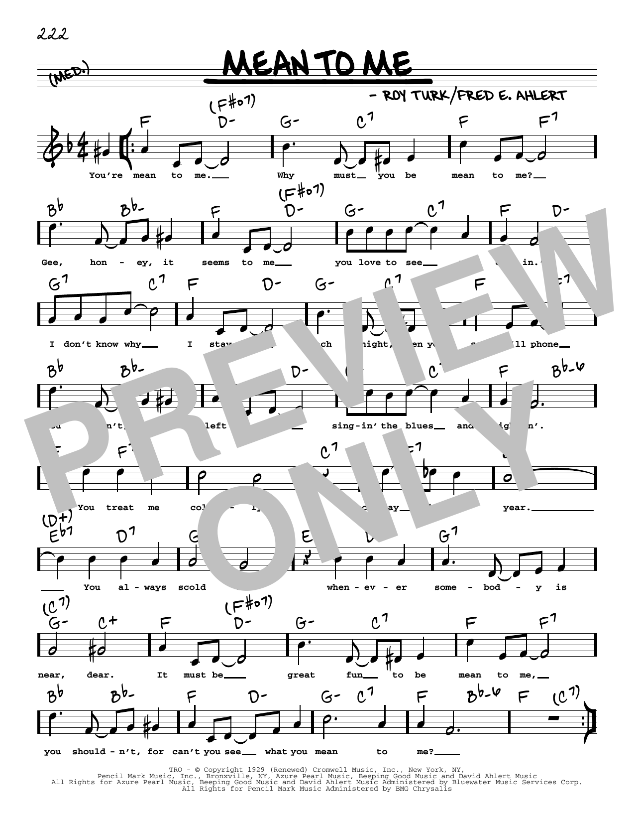 Download Fred E. Ahlert Mean To Me (arr. Robert Rawlins) Sheet Music and learn how to play Real Book – Melody, Lyrics & Chords PDF digital score in minutes