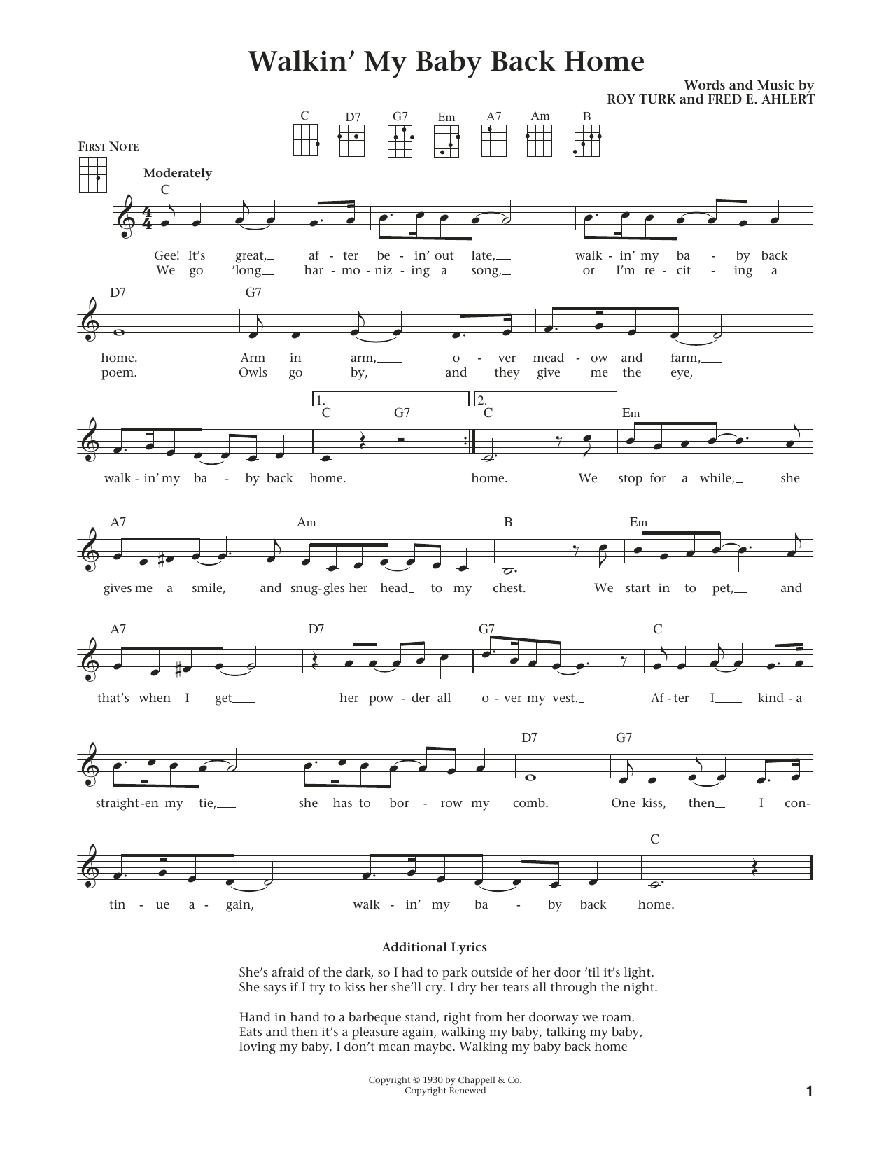 Download Fred E. Ahlert Walkin' My Baby Back Home Sheet Music and learn how to play Ukulele PDF digital score in minutes